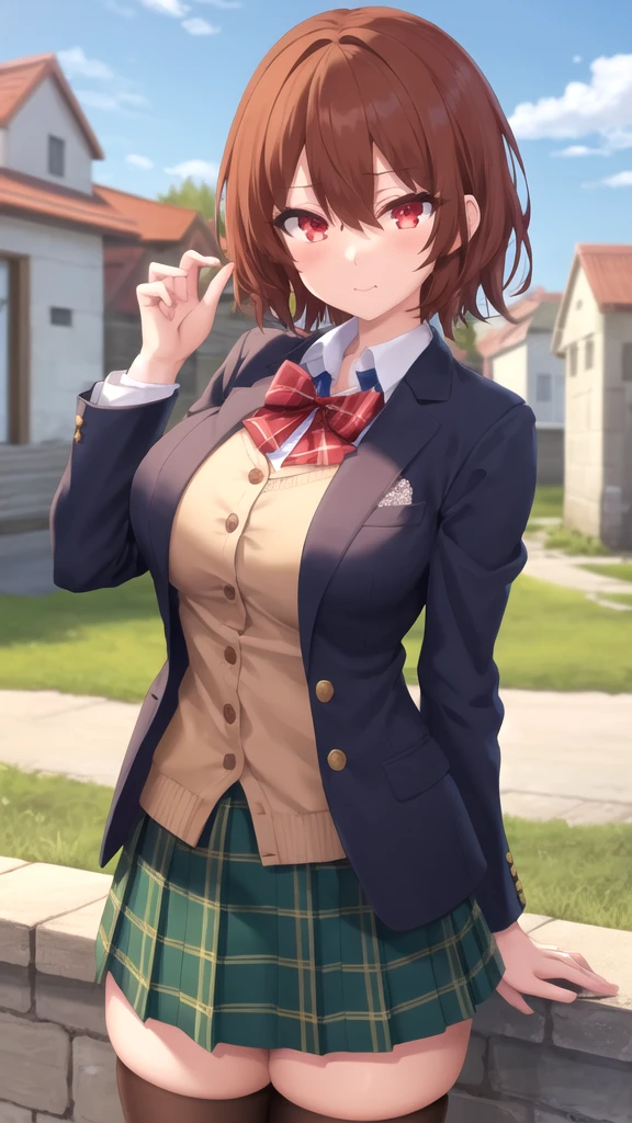 masterpiece, best quality, high quality, girl, solo, looking at viewer, keyaru_kaifuku_jutsushi, brown hair, red eyes, hair between eyes, large breasts, Blue bow, striped bow, blazer, yellow jacket, long sleeves, plaid skirt, Green skirt, black thighhighs, outdoors, cowboy shot, standing, looking at viewer,