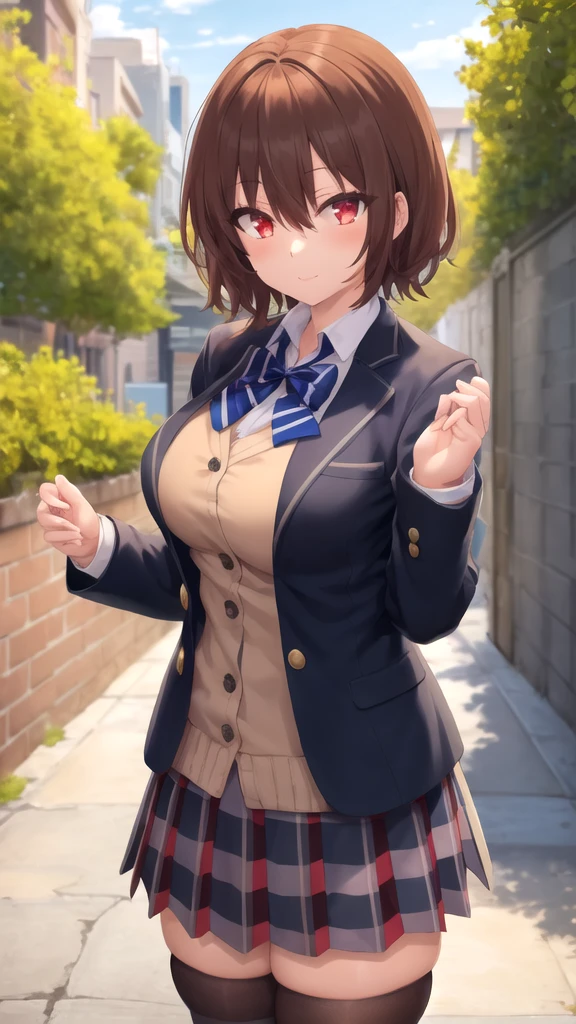 masterpiece, best quality, high quality, girl, solo, looking at viewer, keyaru_kaifuku_jutsushi, brown hair, red eyes, hair between eyes, large breasts, Blue bow, striped bow, blazer, yellow jacket, long sleeves, plaid skirt, Green skirt, black thighhighs, outdoors, cowboy shot, standing, looking at viewer,