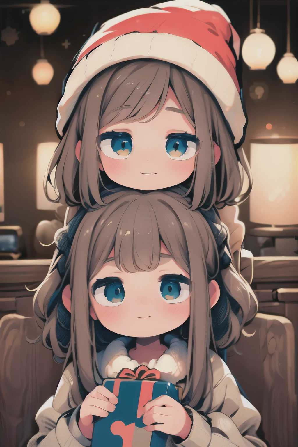 a happy cute girl, adorable girls, happy Christmas, Christmas, 1girl, 2girls, beautiful detailed eyes, beautiful detailed lips, extremely detailed eyes and face, long eyelashes, beautiful smile, cheerful expression, cute outfit, Christmas dress, Santa hat, snowflake, Christmas tree, presents, holiday lights, glowing lights, warm lighting, cozy atmosphere, vibrant colors, soft lighting, (best quality,4k,8k,highres,masterpiece:1.2),ultra-detailed,(realistic,photorealistic,photo-realistic:1.37),intricate details, vibrant colors, warm tones