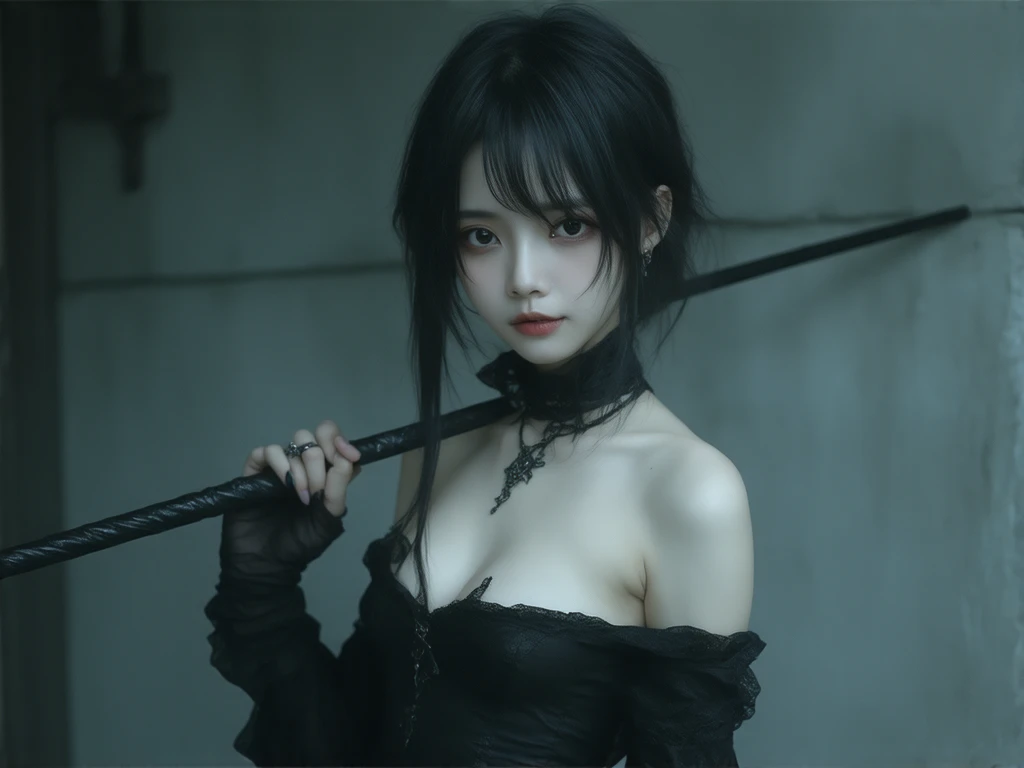 a 14 year old little cute girl, black hair, slim body, flat chest, holding a scythe, wearing a sexy dress, creepy smile, blood, horror, nude, intricate details, dark atmosphere, chiaroscuro lighting, moody, dark fantasy, highly detailed, masterpiece, photorealistic, dramatic, surreal, cinematic