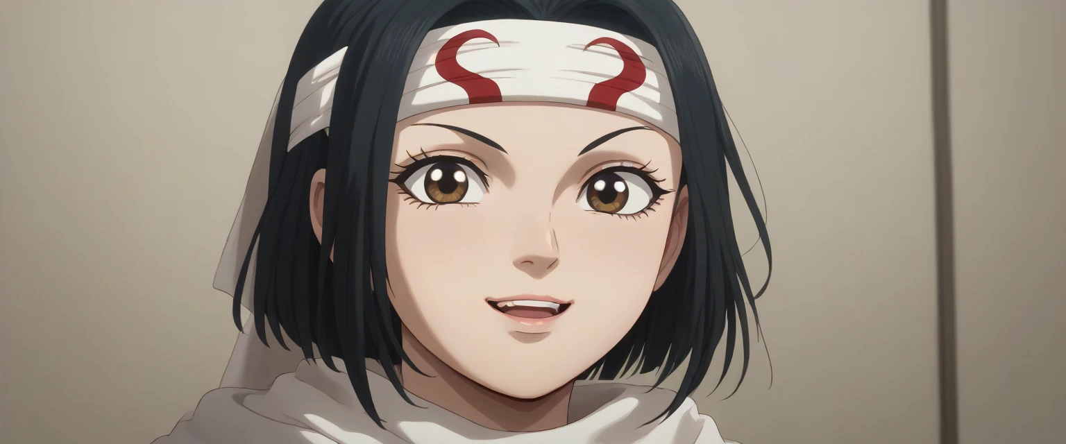 (((black hair brown eyes  bob cut medium hair))) ((very happy excited ))  (((((masterpiece))))), super detail, high details, high quality, best quality, highres, 1080P, 8k, 16k  very accurate clothing score_9, score_8_up, score_7_up, ((cowl)) ((headband on forehead)) detailed clothing beautiful girl 