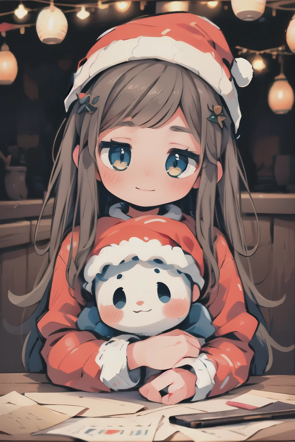 a happy cute girl, adorable girls, happy Christmas, Christmas, 1girl, 2girls, beautiful detailed eyes, beautiful detailed lips, extremely detailed eyes and face, long eyelashes, beautiful smile, cheerful expression, cute outfit, Christmas dress, Santa hat, snowflake, Christmas tree, presents, holiday lights, glowing lights, warm lighting, cozy atmosphere, vibrant colors, soft lighting, (best quality,4k,8k,highres,masterpiece:1.2),ultra-detailed,(realistic,photorealistic,photo-realistic:1.37),intricate details, vibrant colors, warm tones