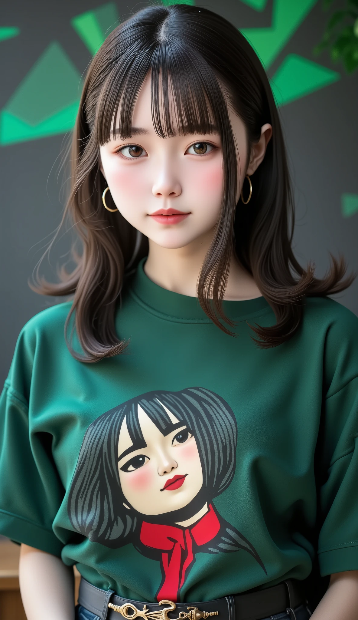 Geometric background :1.3、  dark color、  cute girl's hair 、  Look Away 、 Printed shirt、Picasso painting t-shirt 、  loose clothing  、Retro、 top quality、 super detailed 、  high quality details 、green