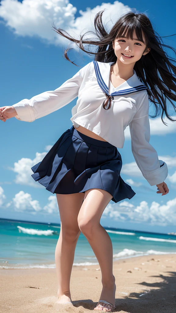 1girl,(((Frontal bust shot angle))),Wide open chest、(((Okinawa ocean)))、(((White sand beaches in Okinawa)))、8k UHD、Digital single-lens reflex camera、High resolution、Shallow depth of field、Natural light、(((Sailor suit)))、(((navy blue super mini skirt)))、(((Full body photography)) )、Small person、(((Young face)))、1 Japanese female、;beautiful girl、(Black Hair)、A strong wind blows up my skirt、(((Brown eyes)))、Glowing Skin、Smooth Thinning Hair、Long Hair、Detailed background、Detailed eyes and face、Clear Eyes、Cute smile、Calm atmosphere、(((stage)))、(((Small breasts)))、(((Beautiful Eyes)))、Flat chest、Children、(((Toned thighs))) 、(((Angle from below) ))、(((Fine lips)))、(((Skirt fluttering)))、Shining beautiful legs、( Skirt fluttering violently in the strong wind :1.4), (hair blowing in the strong wind:1.4), (leaning forward)、(((barefoot、barefoot)))