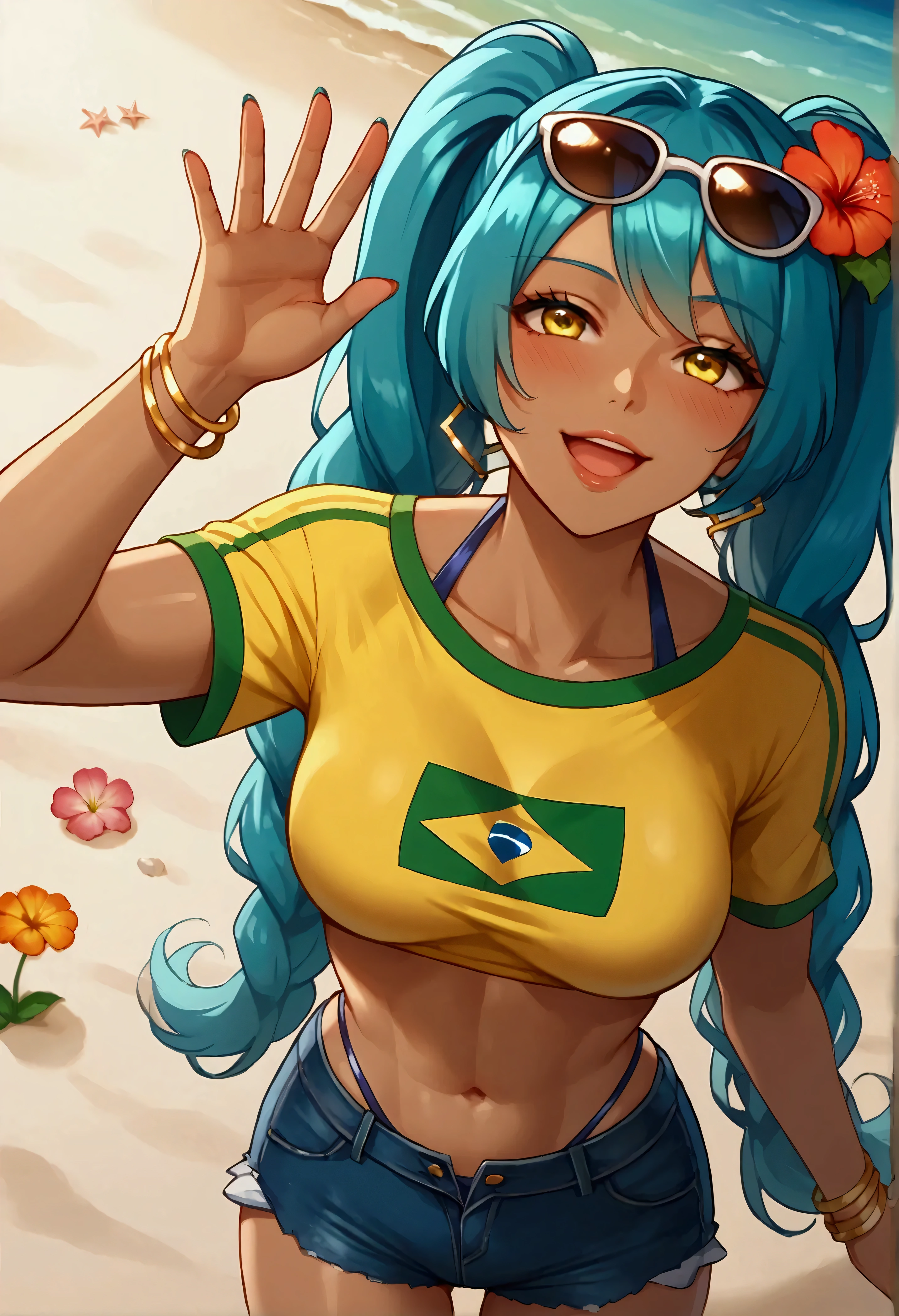 Full quality, HD, 8k, Ultradetailed, beautiful, high detailed, 1 girl, Miku Brazil, Brazilian Miku, seductive eyes, lips, drunke, blushing,smile, open mouth, eyes up,brown skin, fit body, flat busty, blue hair, two very long pigtails, up sunglasses on head, flowers on hair, bikini, yellow tight Brazil t-shirt, tight jeans shorts, Beach, beach day, clear day, sensual pose, pov from bellow