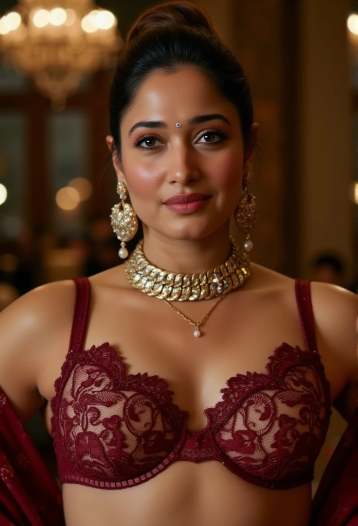 Full body photo portrait(from hed to bottom) of beautiful Tamannaah wearing a sexy lacy 3 piece red wine floral pattern lingeire with stockings and strap cables, navel and cleavage, natural body shape(milf type) , , looking at viewer, lense flare, (realistic eyes, symmetric face:0.8) (masterpiece:1.2) (photorealistic:1.2) (bokeh) (best quality) (detailed skin) (intricate) (8k) (HDR) (cinematic lighting) (sharp focus), big breast,  sparkling day dreams eyes. Posing sexy and seducing, horny face. Wearing her jewley necklace, earings, bangles and rings.