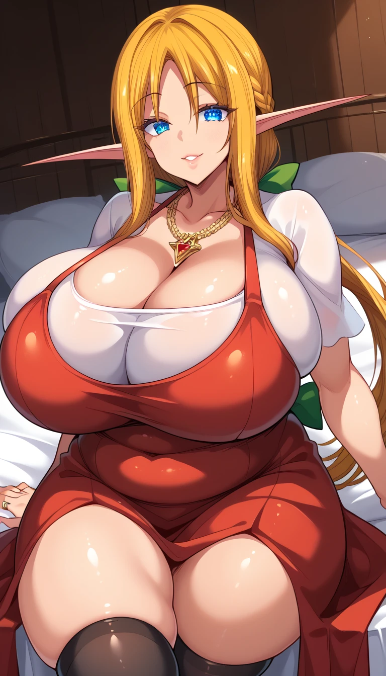 score_9, score_8_up, score_7_up, score_6_up, BREAK Colored manga style, source_anime, 1 woman, solo, (beautiful face, beautiful eyes, detailed eyes, detailed face:1.2), (gigantic breasts: 0.95), chubby legs, Stella Greenly, elf woman, long blonde hair, blue eyes, bangs, red sleeveless apron dress, white crop top t-shirt, top square neckline, black thigh high stockings, brown mesh boots, side braid with green tie, blue eyes, silver wedding ring, gold triangle necklace.
