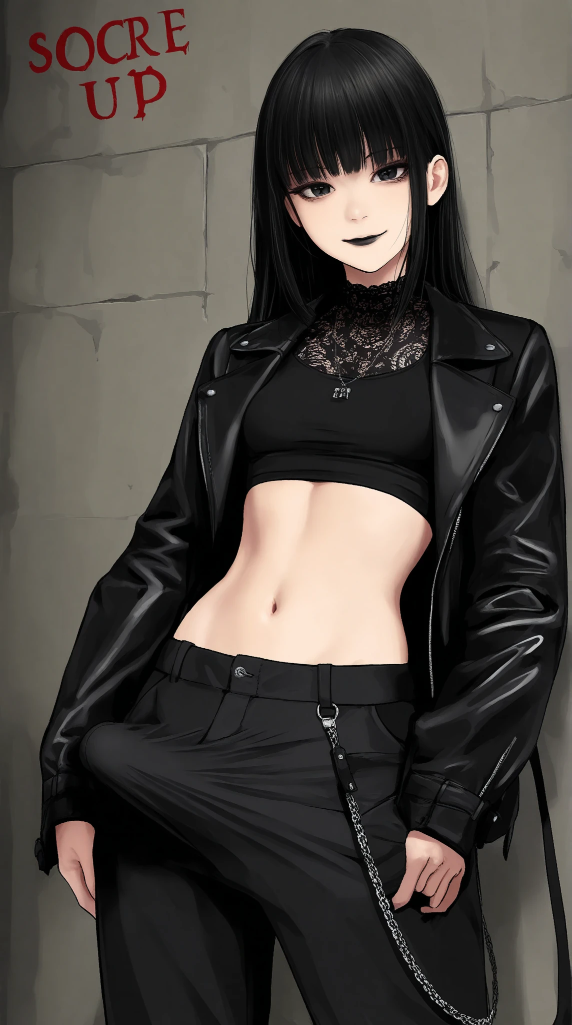 1girl, solo, looking at viewer, futanari, goth, love eyes,  small smile, closed mouth, black lipstick, long black hair, black jacket, bare stomach, black cropped top, black pants, (small erection under clothes:1.2), standing, arms crossed, amazing quality, absurdes, newest, (matsunaga_kouyou:0.65)