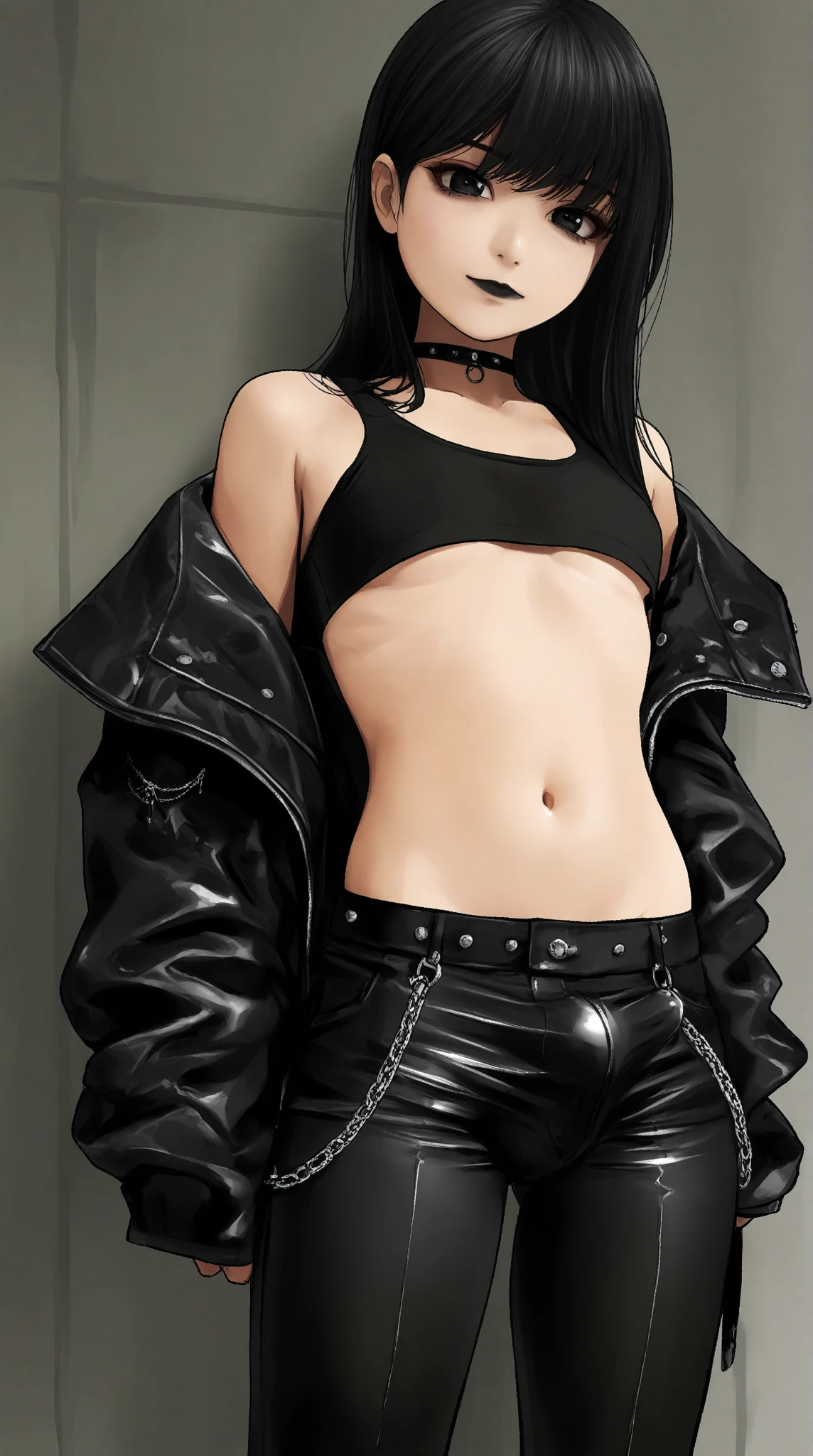 1girl, solo, looking at viewer, futanari, goth, love eyes,  small smile, closed mouth, black lipstick, long black hair, black jacket, bare stomach, black cropped top, black pants, (small erection under clothes:1.2), standing, arms crossed, amazing quality, absurdes, newest, (matsunaga_kouyou:0.65)