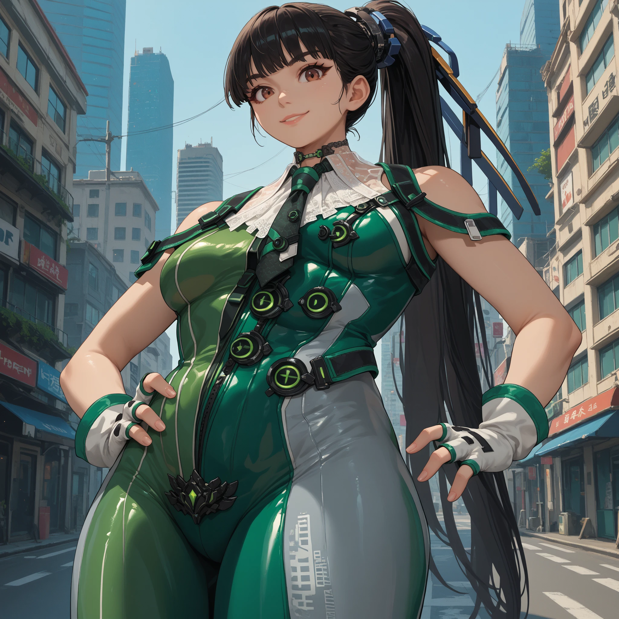 score_9, score_8_up, score_7_up, score_6_up, source_anime, 1girl, solo, defEve, black hair, long ponytail, necktie, green and white bodysuit, bare shoulders, sleeveless, fingerless gloves, white gloves, thick thighs, grey pants, upper body, hand on hip, smile, city, looking at you