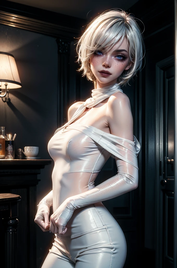 (girl standing on the balcony of the palace)girl portrait photography, realistic, High resolution, 1 female, alone, Upper body, beautiful eyes, Close your lips, detailed face, gray hair, long hair, (off-the-shoulder white lace dress) , stockings,(night sky full of stars)portrait、School、bright look,((shortcut、bob hair))、young shiny glossy white shiny skin、the best beauty、blonde reflection、Silvery white hair with dazzling highlights、shiny bright hair,、super long straight hair、Shining beautiful bangs、Sparkling crystal clear charming big blue eyes、very beautiful lovely cute 16 year old girl、With slit、((I could see the whole body))、beautiful face、white dress