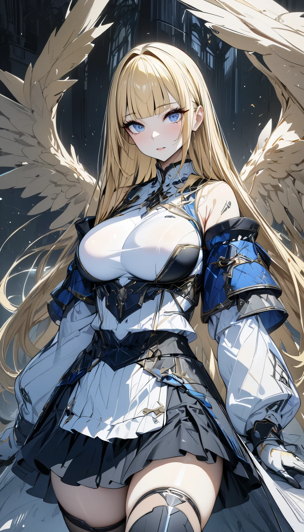 (masterpiece,  top quality :1.2,超 high definition ,  detailed description  、  high detail 、correct、  high definition  )、 One Girl 、 android、Big Breasts、Blonde、blunt bangs、 long hair、Machined Wings