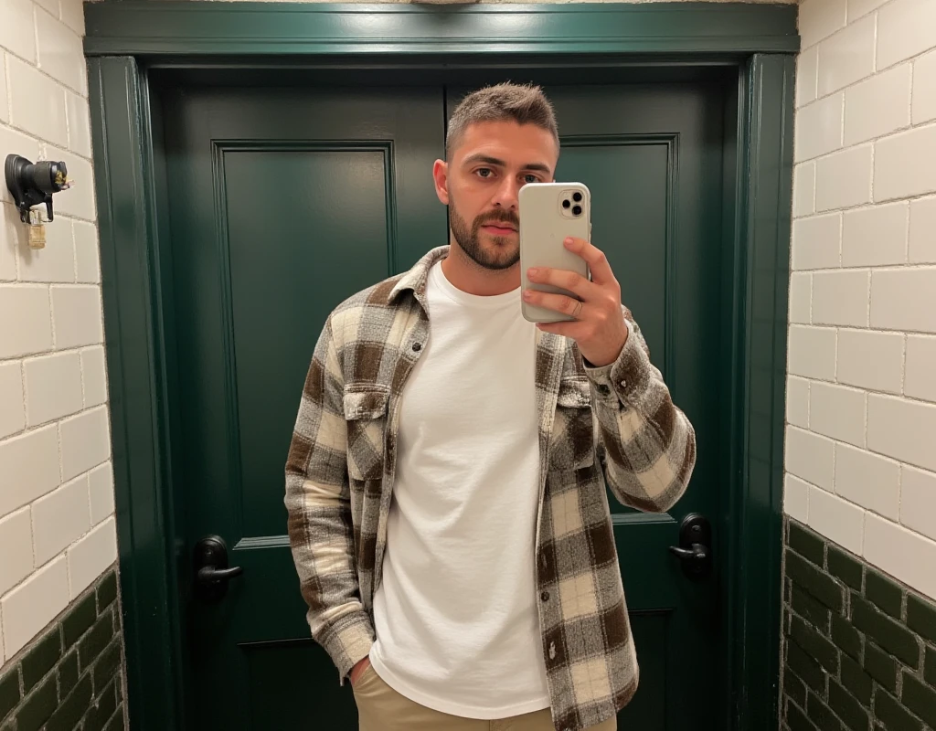 "A young man takes a mirror selfie in a well-lit, stylish bathroom with dark green doors and tiled walls as a backdrop. He is dressed in a casual yet refined outfit: a white oversized crisp vintage t-shirt layered under a relaxed-fit plaid flannel shirt in neutral tones of brown, gray, and white. The slightly oversized flannel adds a laid-back, modern vibe to his look. he wears a small smile as he glances at his phone screen. he have a short haircut The background features rich, dark green doors with ornate details and vintage-style studs, combined with white subway tiles and dark green accent tiles at the lower half of the wall. The lighting is soft and warm, casting a flattering glow on both the subject and the textured surroundings. The overall composition exudes a relaxed, modern aesthetic, blending casual street style with a vintage-inspired interior setting."