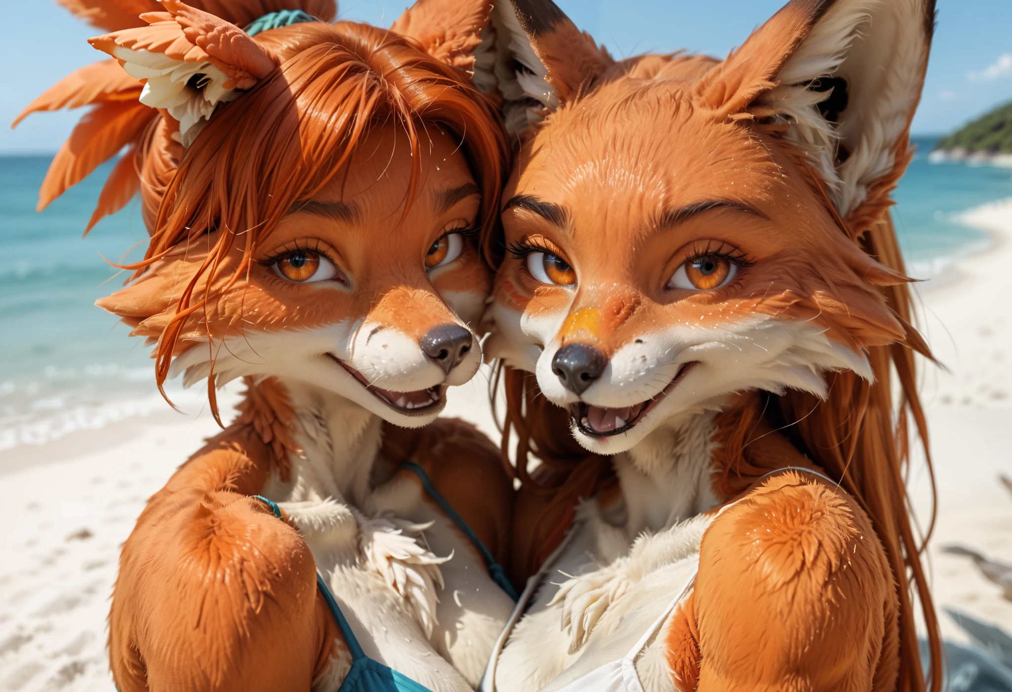 A 20 year old American muscular adult woman in Fox fursuit alone outdoors on the background of a beach taking a selfie holding her smartphone and smiling at the camera hairless green eyes wearing panties and nerdy glasses together with her girlfriend (duo:1.1)