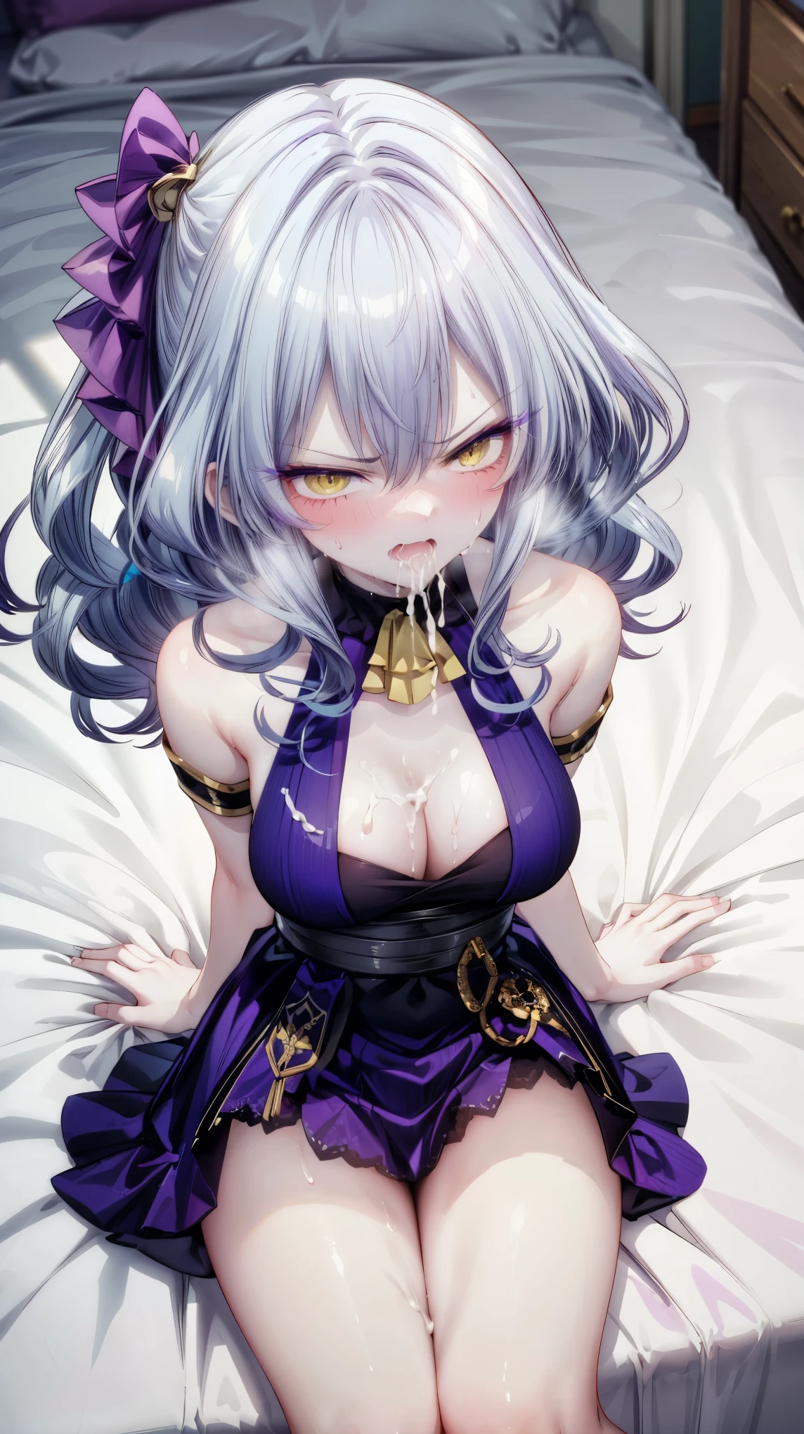 One girl with messy hair, bangs, yellow eyes, looking awat, solo, (glaring, embarrassed:1.5) , indoor, perfect waist, (purple sexy dress:1.5) , bare hands, long hair, large breasts, cleavage, thigh, perfect waist, thigh, bed, covering vreast, bedroom, sweating, bare shoulders, bare legs, mid-chest, medium breasts, focus, blurry background, mature female, laying on bed, bed, on bed, (sweating:1.25), (from above:1.5), (cum in face, cum in mouth:1.3)