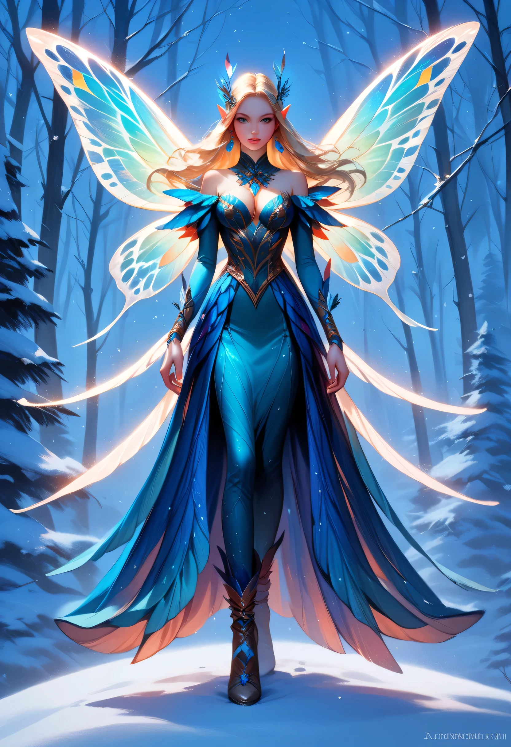 score_9, score_8_up, score_7_up, score_6_up, score_5_up, score_4_up, watercolor art of a most beautiful fairy playing in the snow, (full body shot: 1.3), a beautiful fairy, spread butterfly wings, dynamic hair color, dynamic hair style, busty, many shades of blue silk dress, intricate silk, wearing high heels boots, she is playing the snow, fresh snow in the forest, high snow, High Detail, Ultra High Quality, High Resolution, 16K Resolution, Ultra HD Pictures, Ultra Realistic, Clear Details, Realistic Detail, Ultra High Definition, Cinematic Shot, fantasy