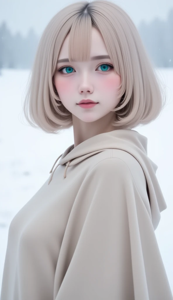  outdoor、winter、snow、White World、Frozen World、White World、 One Girl 、Only 24、 Perfect Anatomy、Correct human body、Ash Blonde、Layered haircuts、 short wave hair、Women with pretty faces 、Turquoise Eye、Perfect looks、Natural color poncho-style hoodie、 Hooded 、silence、White wall、rhyme、White World、  simple background 、 Natural Soft Light 、Born、 Photorealistic、最 High Quality 、 High Quality 、 high image quality、