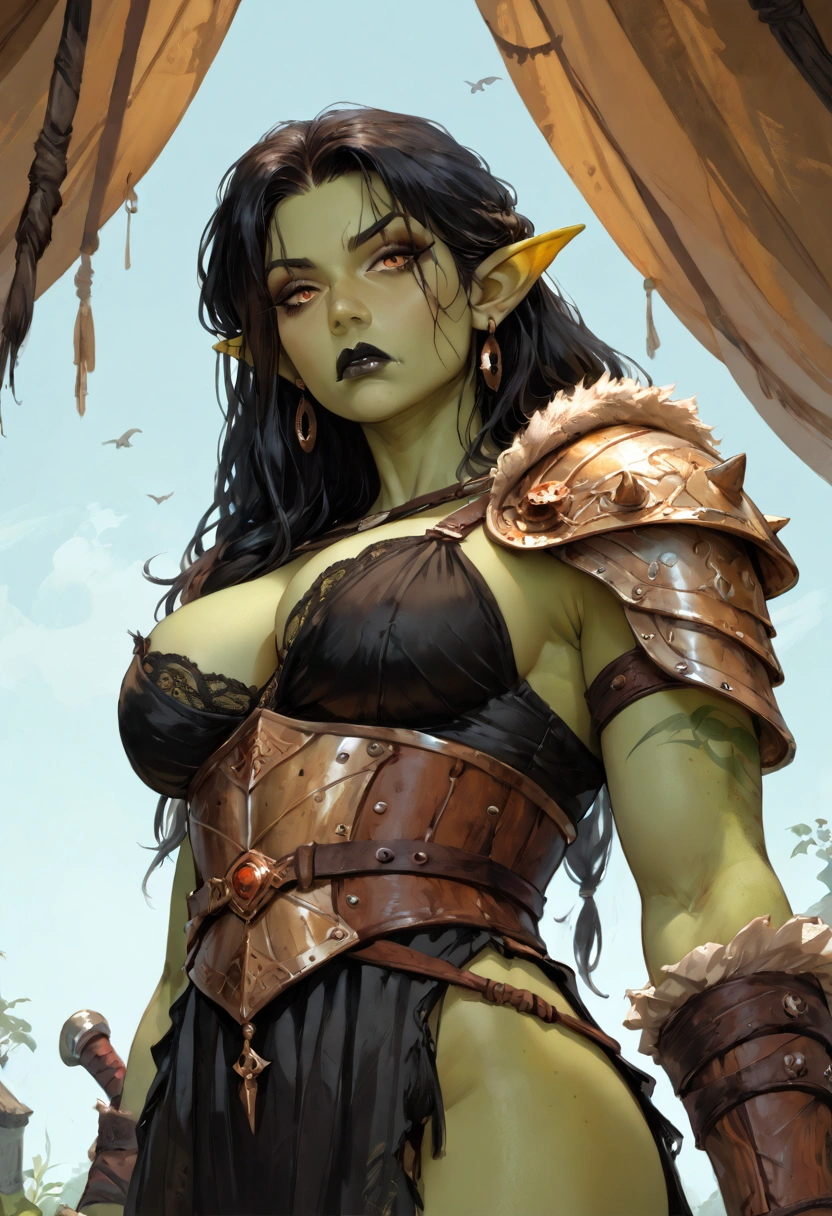 Young orc woman, big fangs, female orc, (green skin) , peaceful expression, dirty clothes and hair, wool and fur clothes, (wearing dirty linen dress), bone jewelry, forest background, natural lighting, tribal tattoos, big body, highly detailed, 4k, comic artwork, dramatic lighting, cinematic, fantasy art, ultra high quality, sharp Focus, orczor