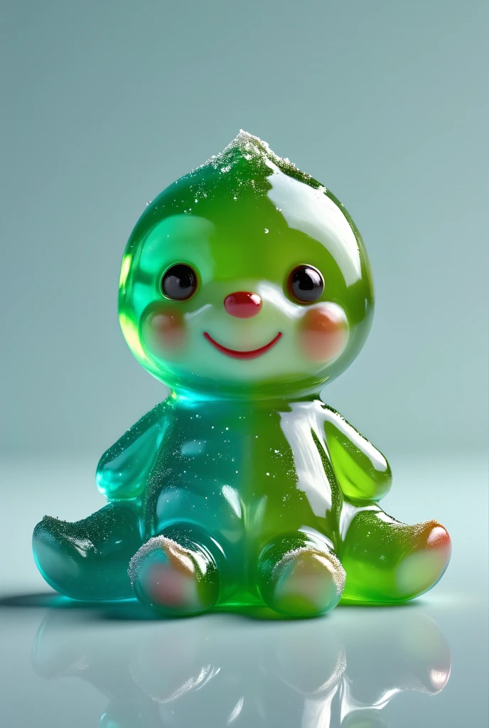 A cute, shiny and transparent character in the form of a jelly sloth in bright pastel colors such as green and turquoise. The sloth is smooth, shiny, and has a soft rounded shape with large, adorable eyes and a friendly, cartoonish expression. It should look like a soft, glowing slime or gelatinous figure sitting on a flat surface with a barely visible reflection. The background is a solid, complementary color, such as teal or mint green, to accentuate the cute and playful atmosphere.