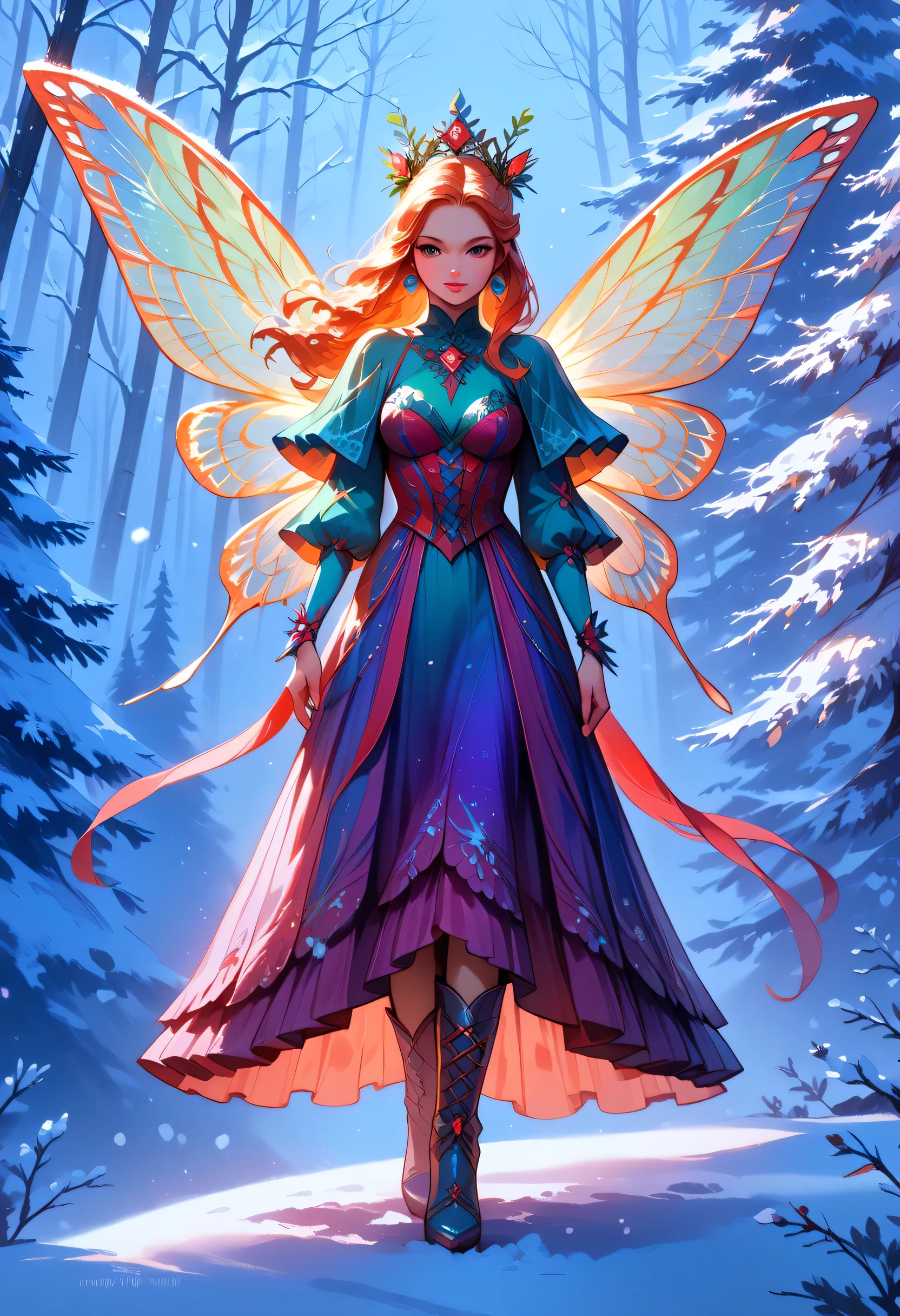 score_9, score_8_up, score_7_up, score_6_up, score_5_up, score_4_up, watercolor art of a most beautiful fairy playing in the snow, (full body shot: 1.3),  a beautiful fairy, spread butterfly wings, dynamic hair color, dynamic hair style, busty, many shades of red silk dress, intricate silk, wearing high heels boots, she is playing the snow, fresh snow in the forest, high snow, High Detail, Ultra High Quality, High Resolution, 16K Resolution, Ultra HD Pictures, Ultra Realistic, Clear Details, Realistic Detail, Ultra High Definition, Cinematic Shot, fantasy