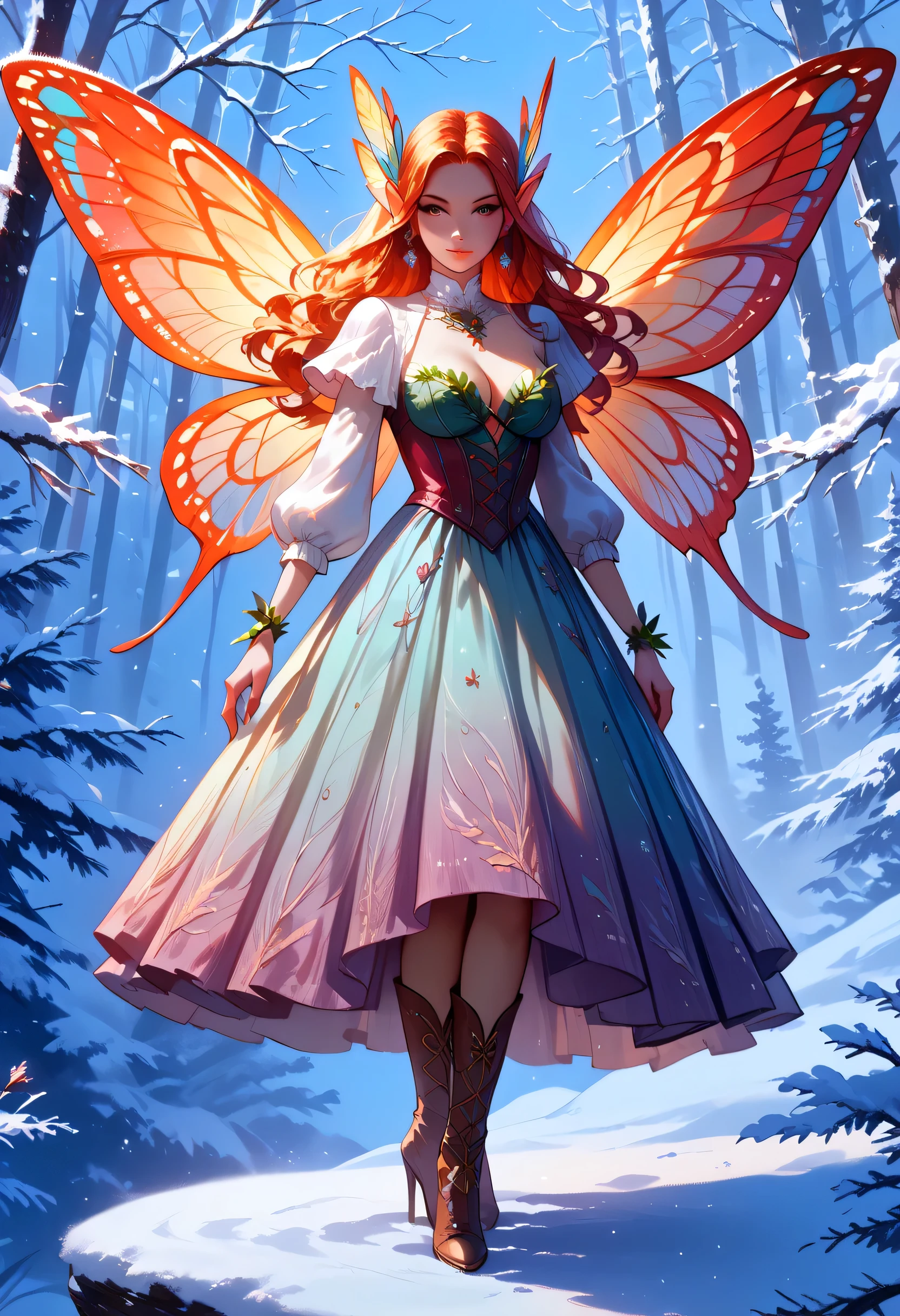 score_9, score_8_up, score_7_up, score_6_up, score_5_up, score_4_up, watercolor art of a most beautiful fairy playing in the snow, (full body shot: 1.3), a beautiful fairy, spread butterfly wings, dynamic hair color, dynamic hair style, busty, many shades of red silk dress, intricate silk, wearing high heels boots, she is playing the snow, fresh snow in the forest, high snow, High Detail, Ultra High Quality, High Resolution, 16K Resolution, Ultra HD Pictures, Ultra Realistic, Clear Details, Realistic Detail, Ultra High Definition, Cinematic Shot, fantasy