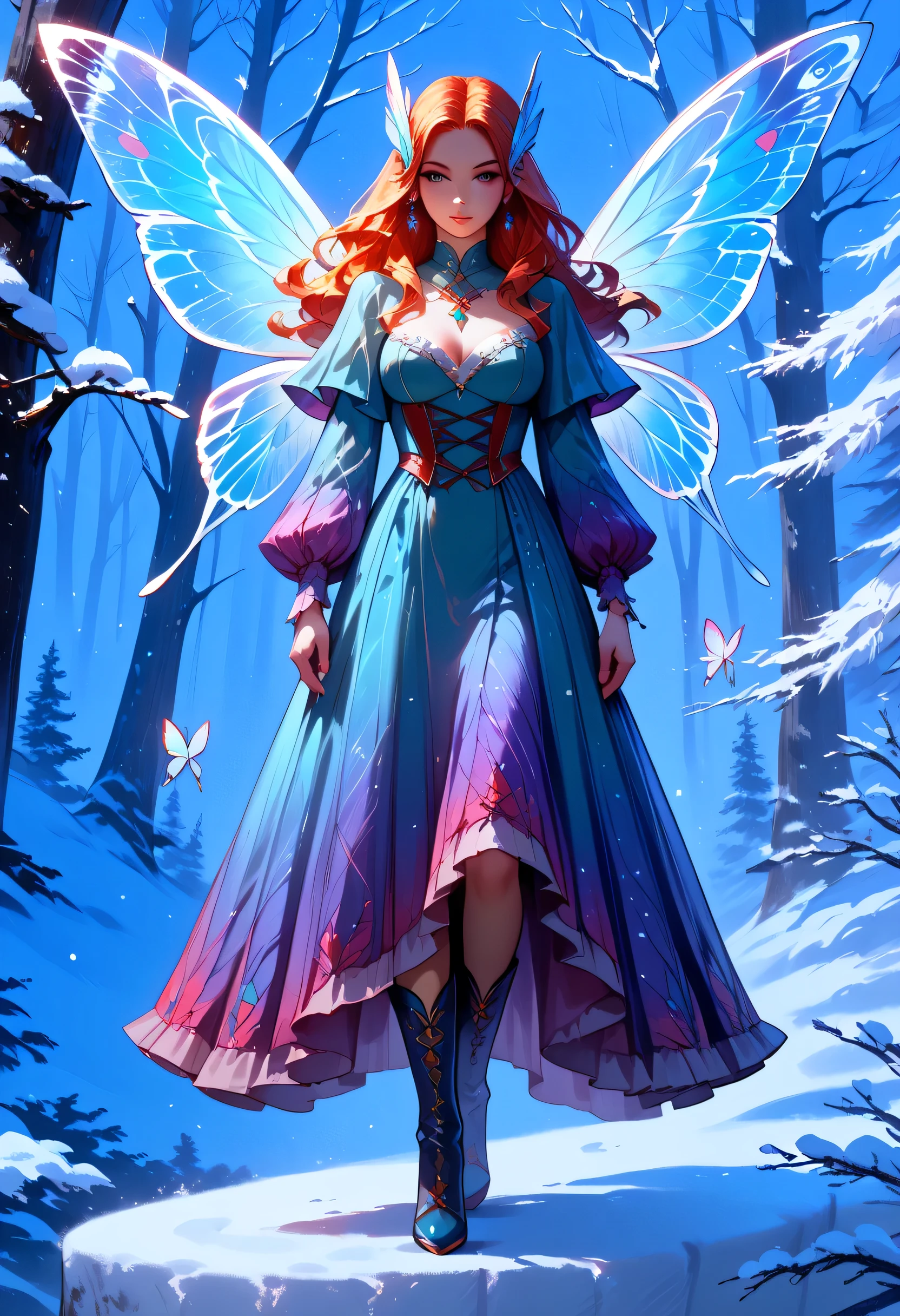 score_9, score_8_up, score_7_up, score_6_up, score_5_up, score_4_up, watercolor art of a most beautiful fairy playing in the snow, (full body shot: 1.3),  a beautiful fairy, spread butterfly wings, dynamic hair color, dynamic hair style, busty, many shades of red silk dress, intricate silk, wearing high heels boots, she is playing the snow, fresh snow in the forest, high snow, High Detail, Ultra High Quality, High Resolution, 16K Resolution, Ultra HD Pictures, Ultra Realistic, Clear Details, Realistic Detail, Ultra High Definition, Cinematic Shot, fantasy