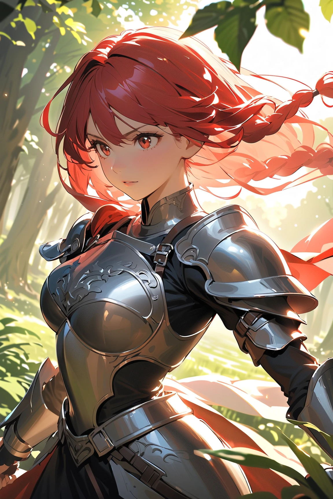 ((((masterpiece, Highest quality, High resolution)))), Extremely detailed 8K, 1 female, Wearing armor like a warrior, (Ultra HD, Very detailed, Very detailed, Very realistic, Ultra-realistic, Photo Real), (One person:1.5), (Realistic red hair), (Dynamic pose), To the camera, View your viewers, (Serious and calm face), (Normal black eyes, Sharp eyes), (Firm breasts:1.2), (Beautifully detailed face, Beautiful attention to detail), ((Armor damaged)), (Preparing for Battle), Sweat, Shine, (Sunbeam, sunlight), ((Cowboy Shot)), Battlefield Background, Fascinating, EnvyBetterHands LoCon,