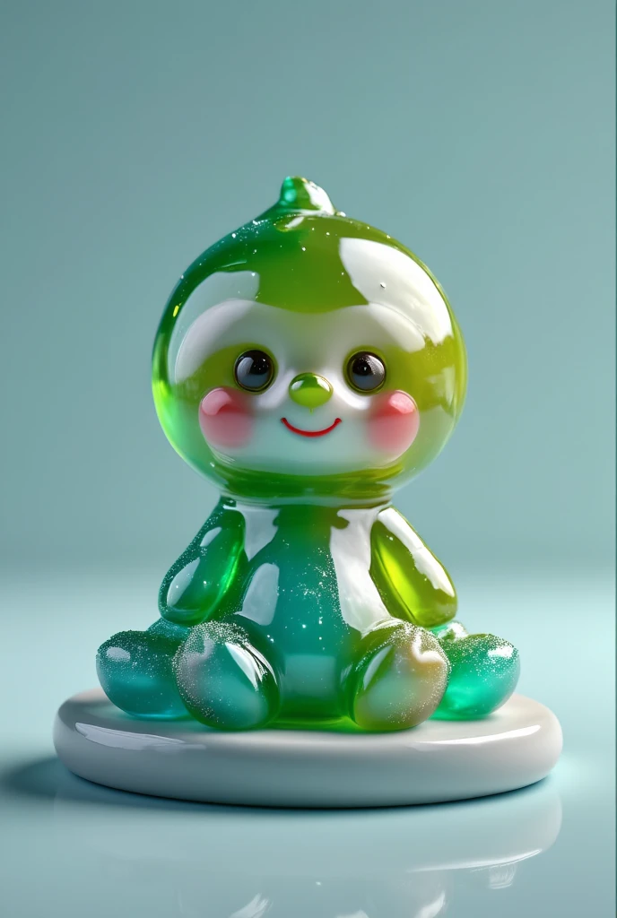 A cute, shiny and transparent character in the form of a sloth in bright pastel colors such as green and turquoise. The sloth is smooth, shiny, and has a soft rounded shape with large, adorable eyes and a friendly, cartoonish expression. It should look like a soft, glowing slime or gelatinous figure sitting on a flat surface with a barely visible reflection. The background is a solid, complementary color, such as teal or mint green, to accentuate the cute and playful atmosphere.