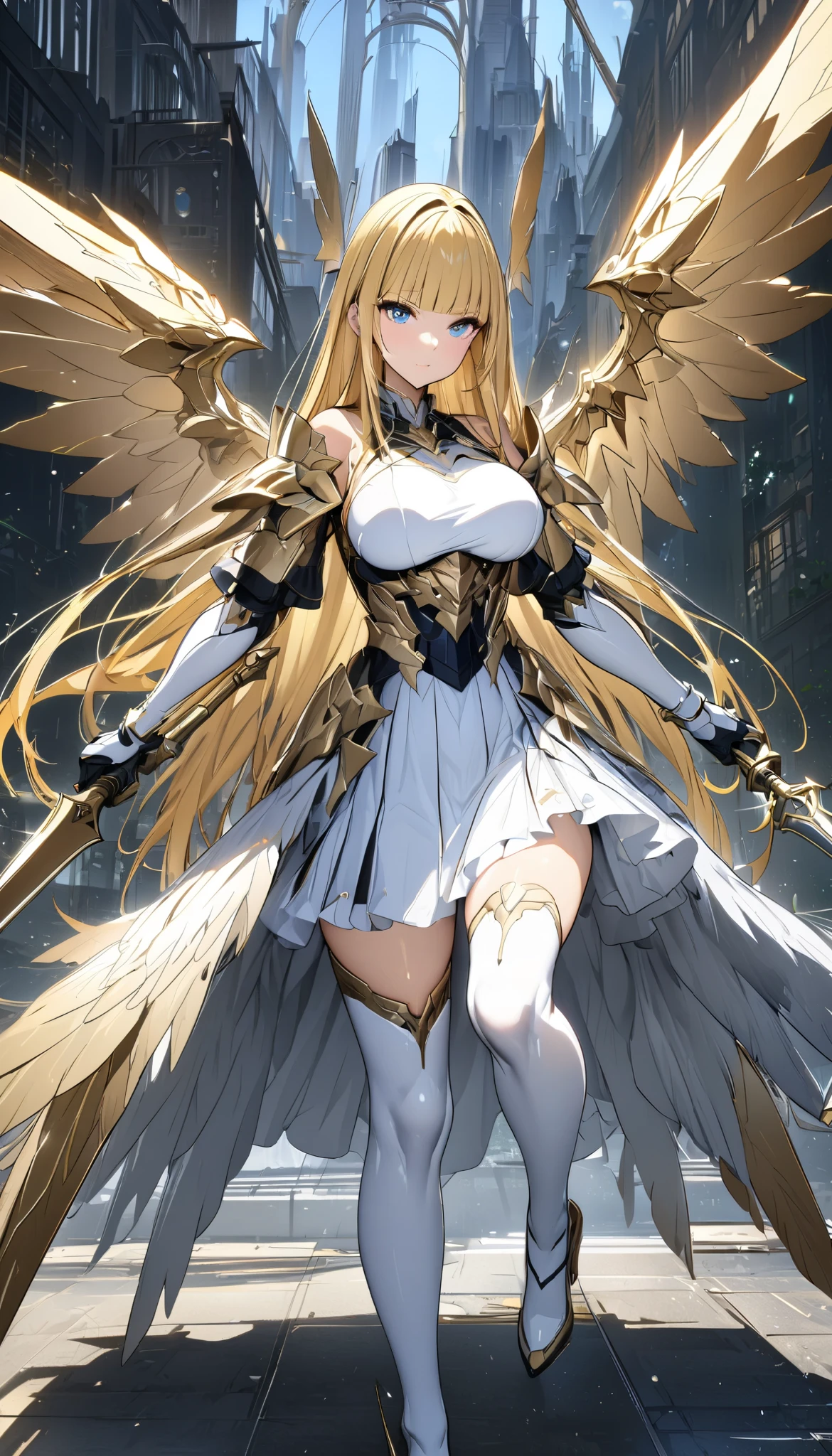 (masterpiece,  top quality :1.2,超 high definition ,  detailed description  、  high detail 、correct、  high definition  )、 android、Big Breasts、Blonde、blunt bangs、 long hair、 knee-high、Machined Wings、 has a spear、 hold the weapon in front、Golden Time 、god々Shining light