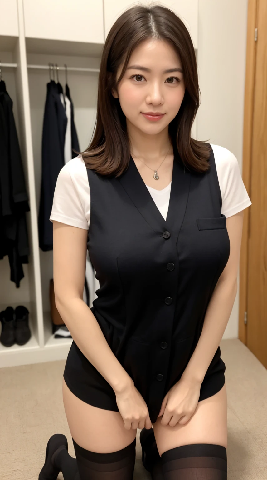 ((Highest quality, 8k, masterpiece: 1.3, RAW Photos)), Sharp focus: 1.2, (alone), (1. ASPA GIRL: 1.2), (Realistic, Realistic: 1.37), (Face Focus: 1.1), Cute Face, Small breasts, Flat Chest, Messy Short Hair, (business suit: 1.1), , Cinema Lighting, thigh,