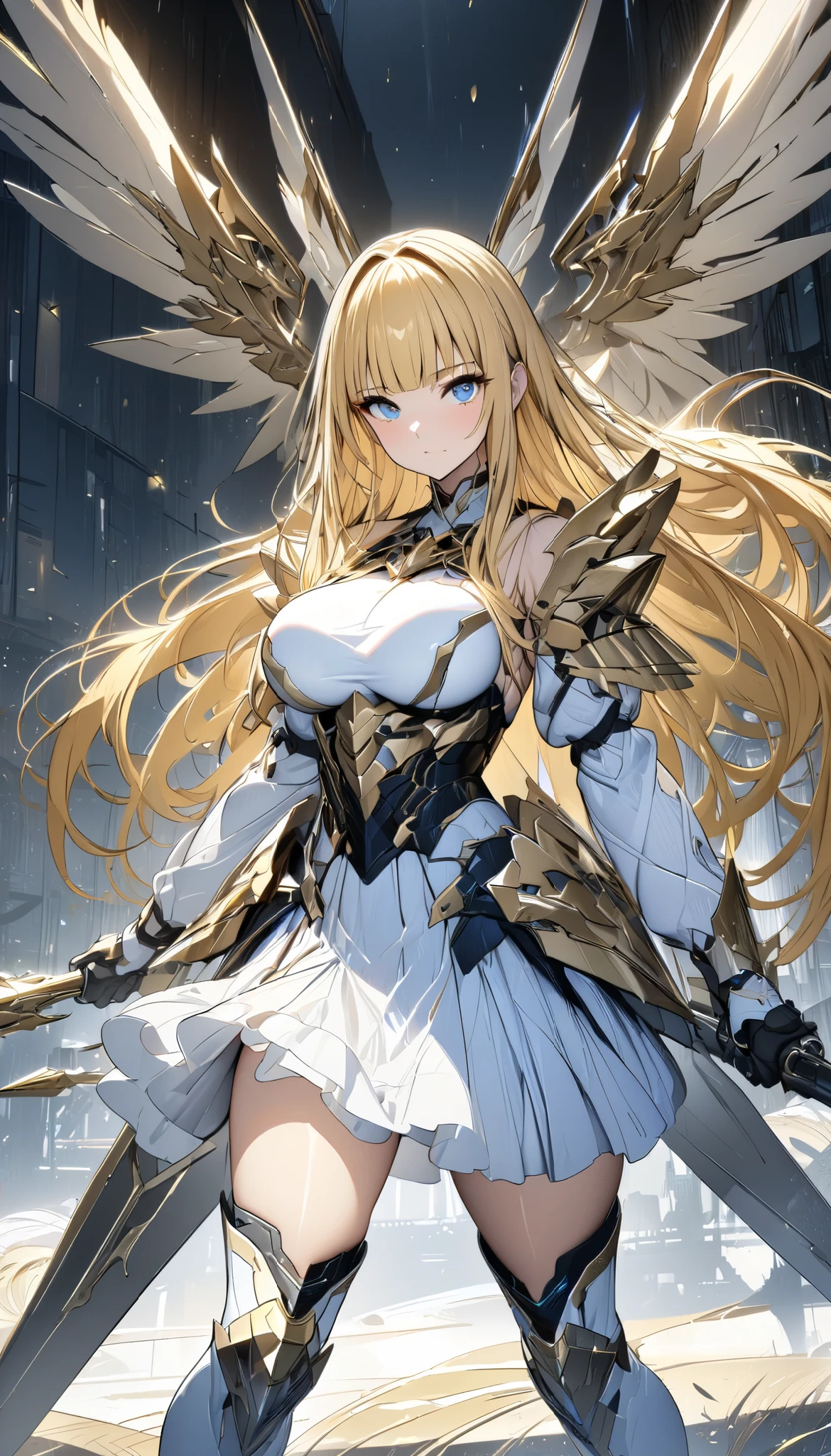 (masterpiece,  top quality :1.2,超 high definition ,  detailed description  、  high detail 、correct、  high definition  )、 android、Big Breasts、Blonde、blunt bangs、 long hair、 knee-high、Machined Wings、 has a spear、 hold the weapon in front、Golden Time 、god々Shining light