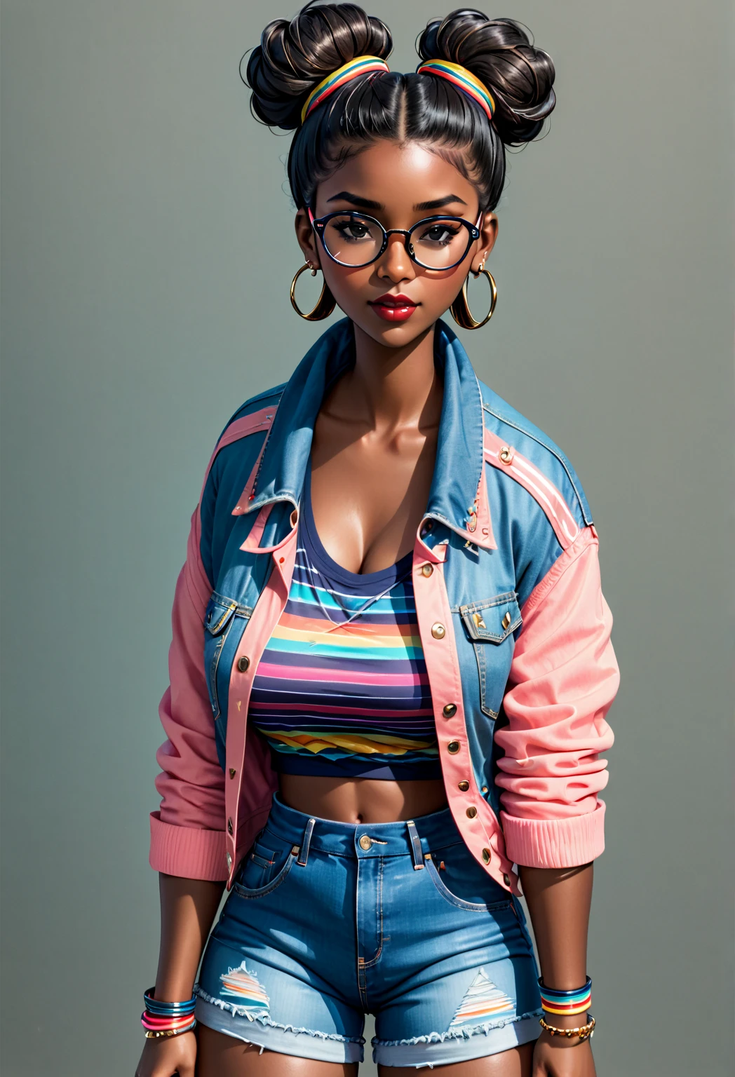 Wave Art Style,  1girl,  black hair,  bracelet,  clothes writing,  dark skin,  dark-skinned female,  denim,  denim jacket,  denim shorts,  double bun,  earrings,  glasses,  hair bun,  hair ornament,  hair stick,  hairpin,  hoop earrings,  jacket,  jacket on shoulders,  jewelry,  lips,  nose,  print shirt,  realistic,  ring,  shirt,  short shorts,  shorts,  sitting,  socks,  solo,  striped socks,  sunglasses,  very dark skin,  watch,  wristwatch,