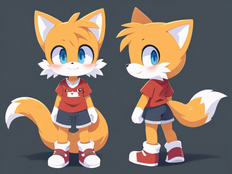 Paper character design from all sides, cute fox boy, short hairstyle, detailed body, plain clothes 