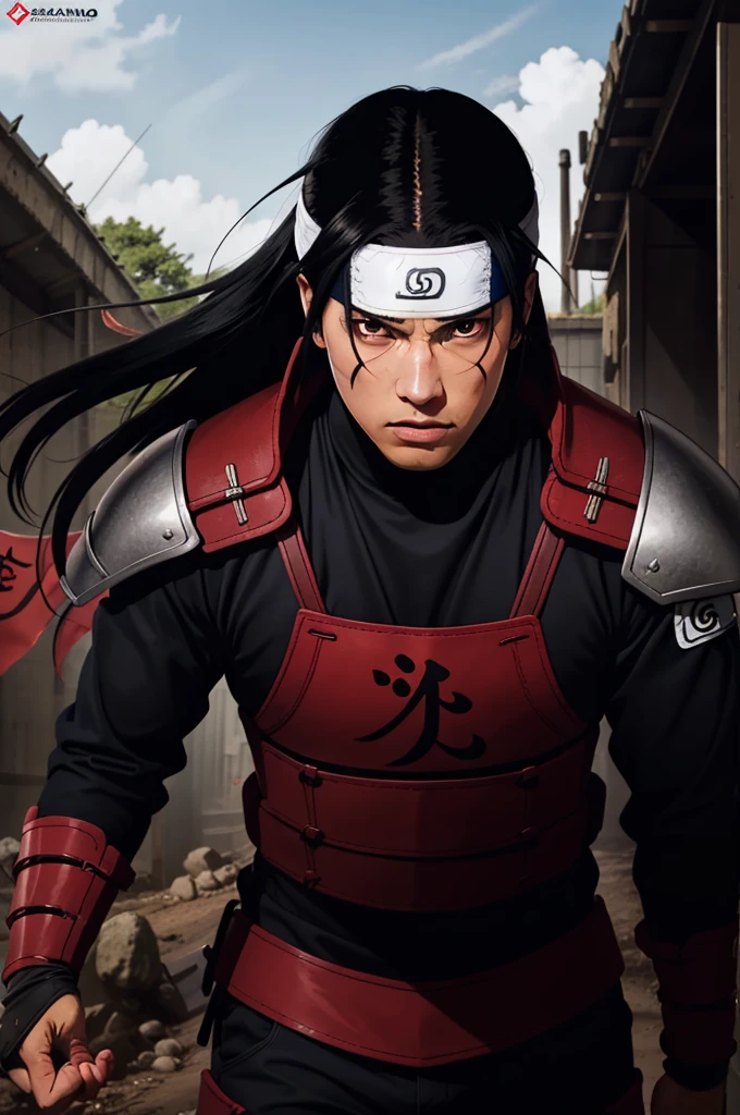 masterpiece, best quality, very detailed, upper body shot, 1 person, male focus, hashirama senju, wearing red armor, long black hair, realistic konoha logo headband, cool attitude, dynamic lighting, bright colors, war battle arena background with indonesian flag stuck in the ground