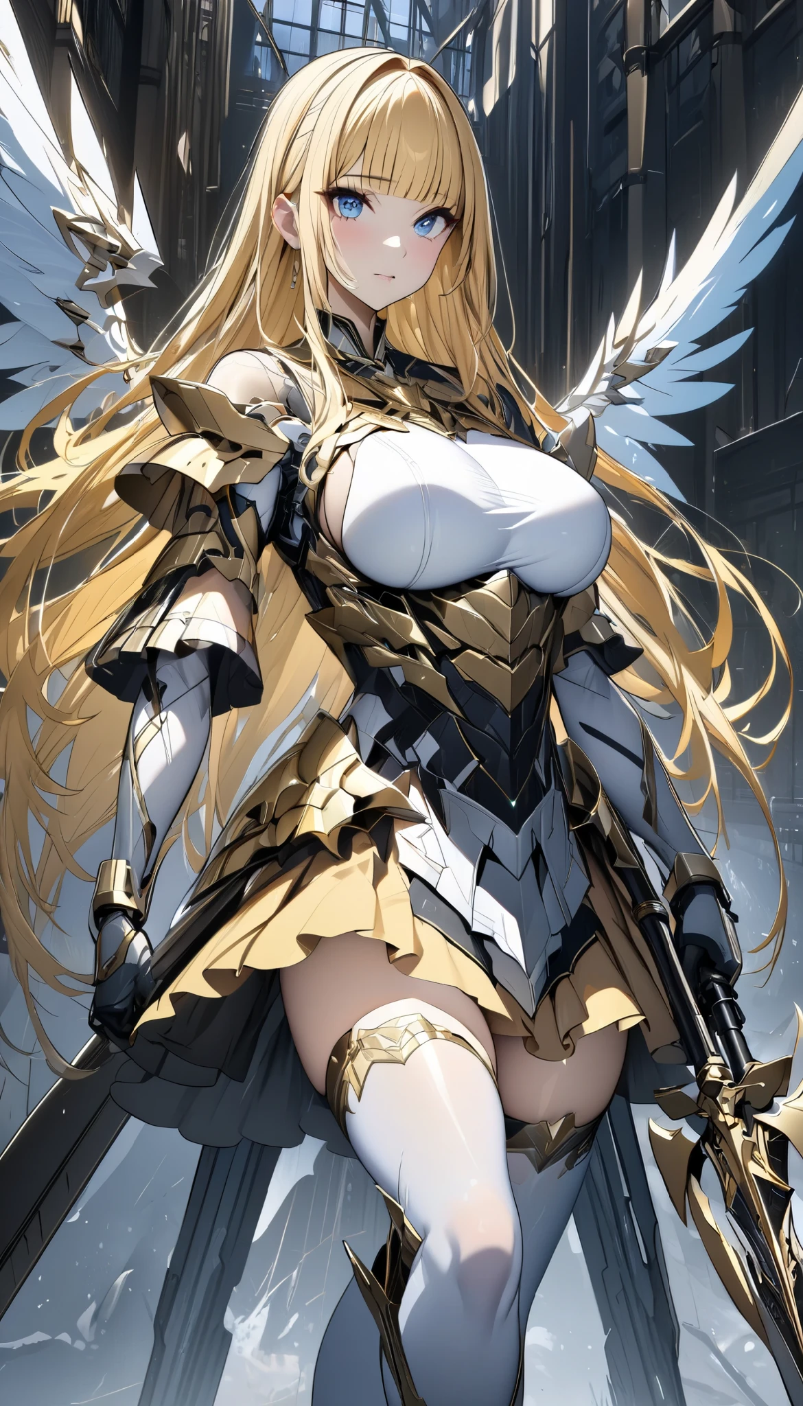 (masterpiece,  top quality :1.2,超 high definition ,  detailed description  、  high detail 、correct、  high definition  )、 android、Big Breasts、Blonde、blunt bangs、 long hair、 knee-high、Machined Wings、 has a spear、 hold the weapon in front、Golden Time 、god々Shining light