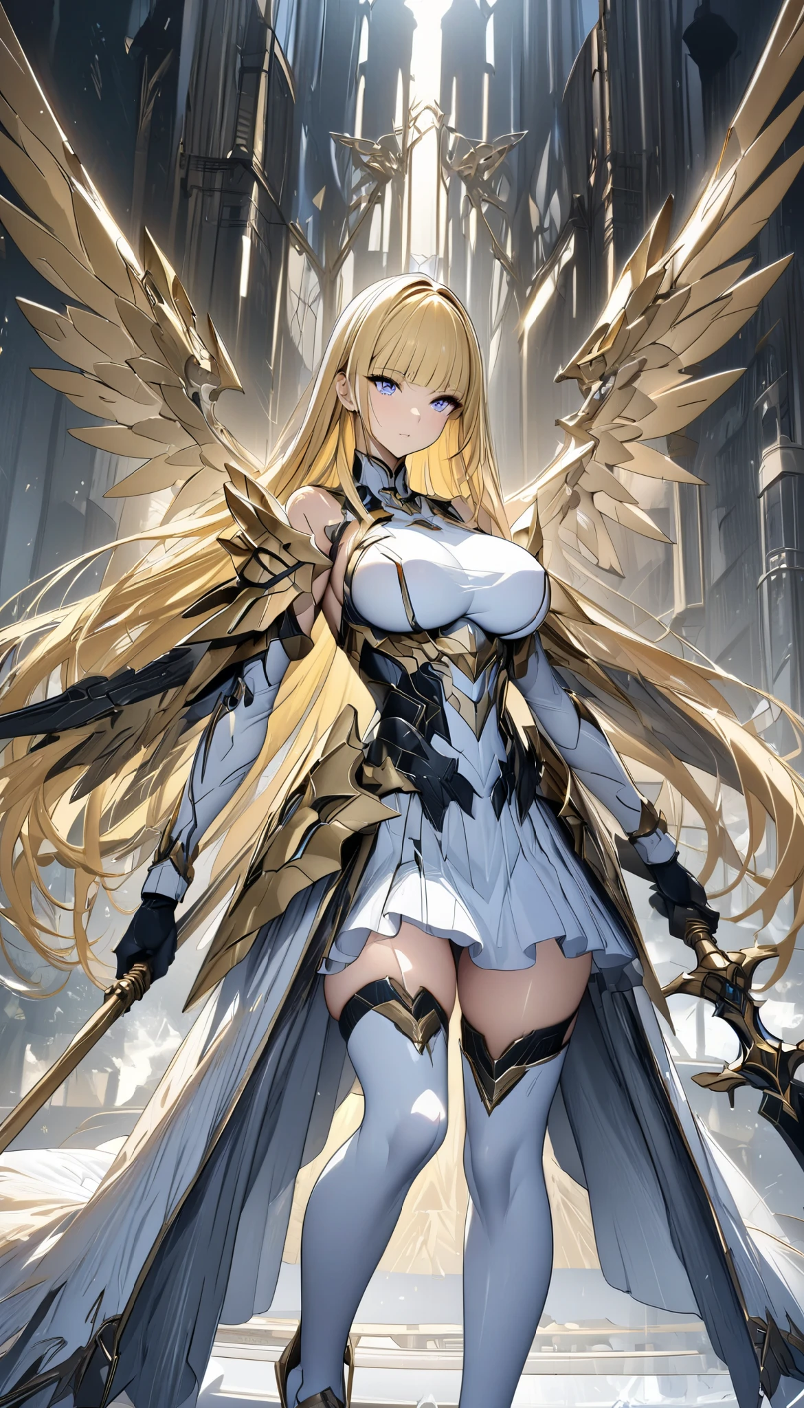 (masterpiece, top quality :1.2,超 high definition , detailed description 、 high detail 、correct、 high definition )、 android、Big Breasts、Blonde、blunt bangs、 long hair、 knee-high、Machined Wings、 has a spear、 hold the weapon in front、Golden Time 、god々Shining light