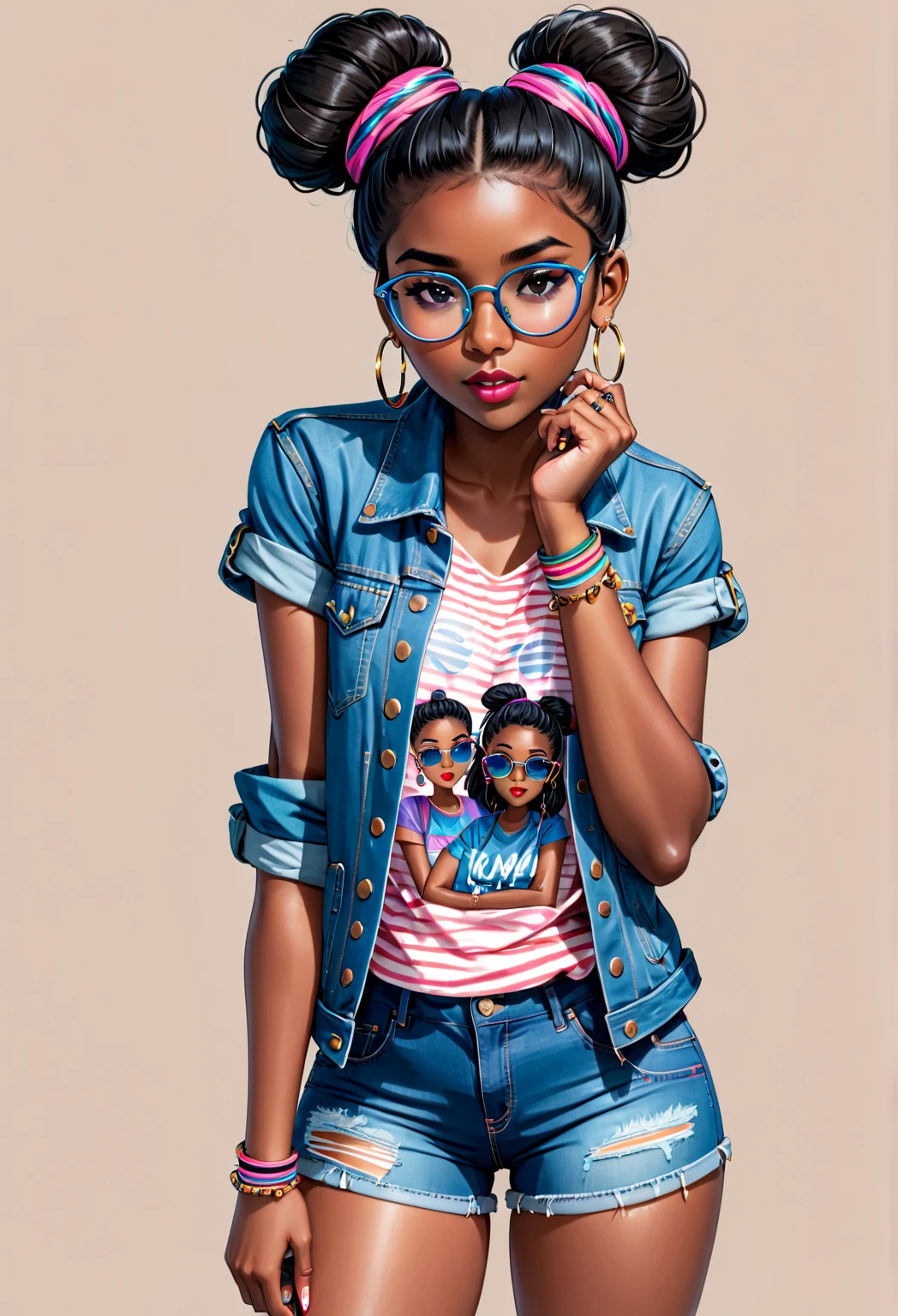 Digital illustration,  1girl,  black hair,  bracelet,  clothes writing,  dark skin,  dark-skinned female,  denim,  denim jacket,  denim shorts,  double bun,  earrings,  glasses,  hair bun,  hair ornament,  hair stick,  hairpin,  hoop earrings,  jacket,  jacket on shoulders,  jewelry,  lips,  nose,  print shirt,  realistic,  ring,  shirt,  short shorts,  shorts,  sitting,  socks,  solo,  striped socks,  sunglasses,  very dark skin,  watch,  wristwatch, white background