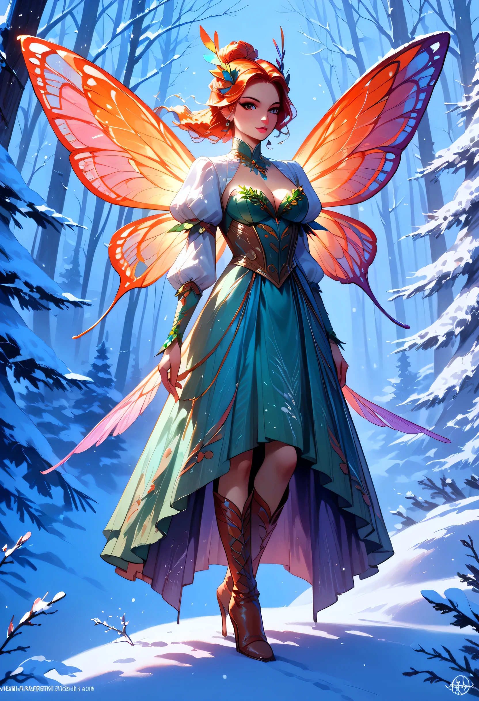 score_9, score_8_up, score_7_up, score_6_up, score_5_up, score_4_up, watercolor art of a most beautiful fairy playing in the snow, (full body shot: 1.3),  a beautiful fairy, spread butterfly wings, dynamic hair color, dynamic hair style, busty, many shades of red silk dress, intricate silk, wearing high heels boots, she is playing the snow, fresh snow in the forest, high snow, High Detail, Ultra High Quality, High Resolution, 16K Resolution, Ultra HD Pictures, Ultra Realistic, Clear Details, Realistic Detail, Ultra High Definition, Cinematic Shot, fantasy