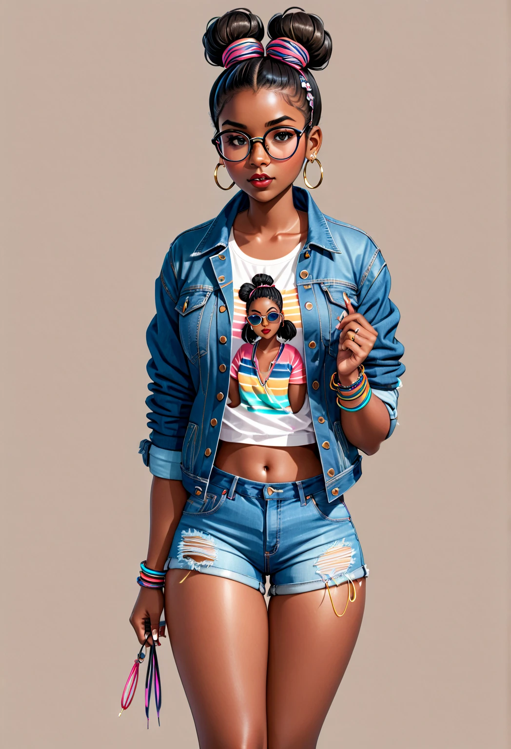 Digital illustration,  1girl,  black hair,  bracelet,  clothes writing,  dark skin,  dark-skinned female,  denim jacket,  denim shorts,  double bun,  earrings,  glasses,  hair bun,  hair ornament,  hair stick,  hairpin,  hoop earrings,  jacket,  jacket on shoulders,  jewelry,  lips, thick thighs, wide hips, nose,  print shirt,  realistic,  ring,  shirt,  short shorts,  shorts,  sitting,  socks,  solo,  striped socks,  sunglasses,  very dark skin,  watch,  wristwatch, white background