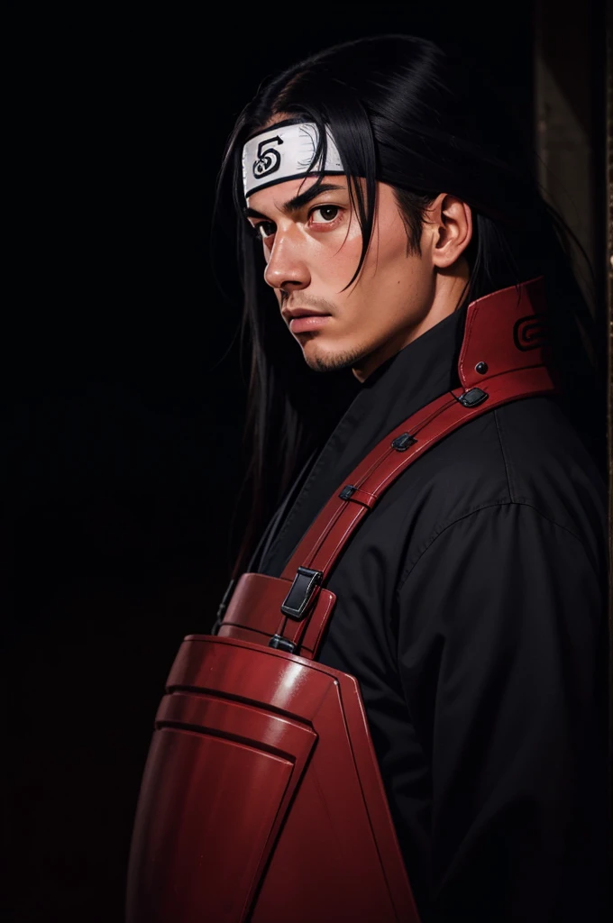 masterpiece, best quality, ultra-detailed, upper body shot, 1man, male focus, hashirama senju, wearing red armor, long black hair, Konoha headband, cool attitude, dinamic lighting, vivid colours, dark city Background ,