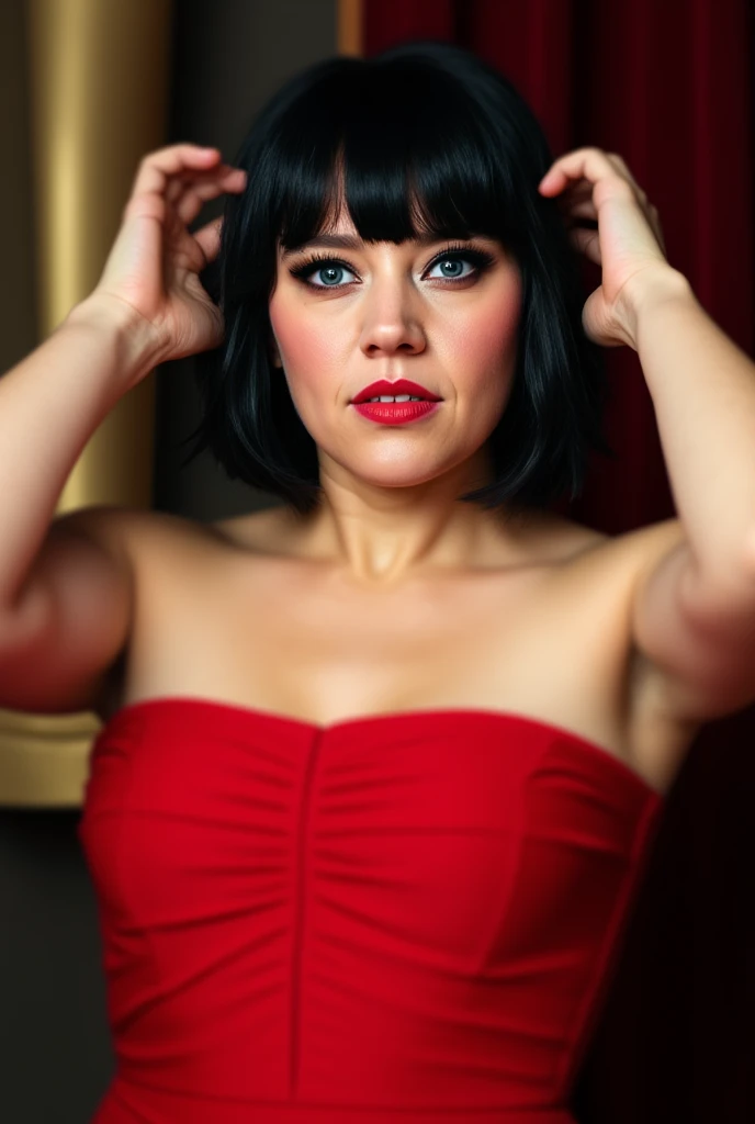 katemckinnon, photo, seductive, standing frontally, red strapless dress, black bob cut haircut with bangs, fixing hair