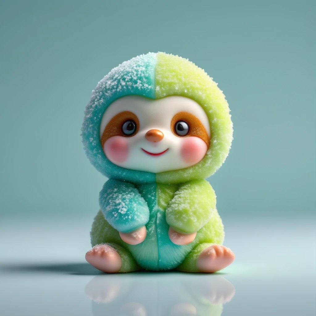 Cute, cartoon character in the form of a sloth in bright pastel colors such as light green and turquoise. The sloth has a soft, rounded shape with large, adorable eyes and a friendly, cartoonish expression. It should look like a soft, plush toy sitting on a flat surface with a barely visible reflection. The background is a solid, complementary color, such as teal or mint green, to accentuate the cute and playful atmosphere.