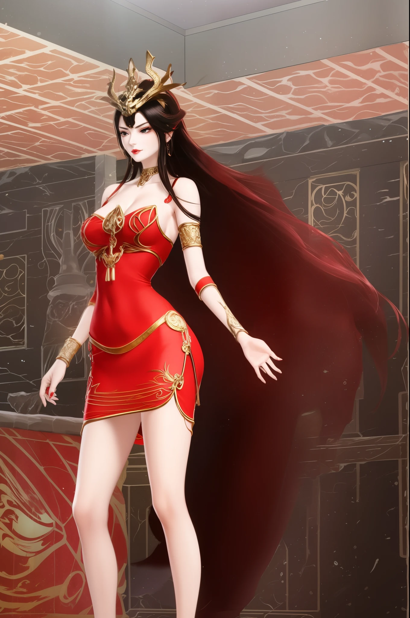 Cai Lin, standing straight, posing, plain cute smile, in a revealing red dress, show full body.