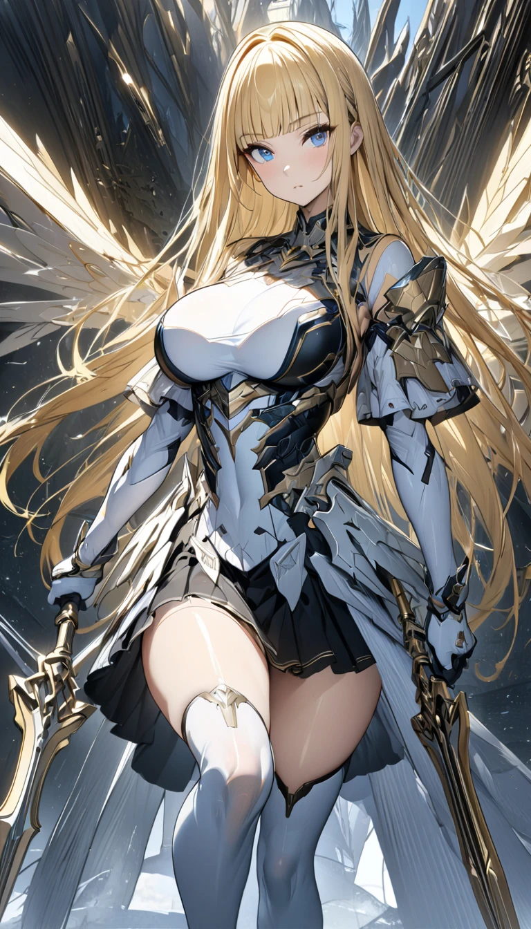female archangel prepared for battle, an extremally beautiful warrior valkyre, ultra feminine, long hair, dark blonde hair, braided hair, wearing divine heavy armor, long leather boots, cleavage, big breasts, (white armor: 1.2), full plate armor, (angel wings: 1.2) spread, angel wings on both sides of her back, posing for a picture, full body, floating mid-air, sunset, 16k, RAW, ultra wide shot, photorealism, depth of field, hyper realistic, 2.5 rendering, ray tracing