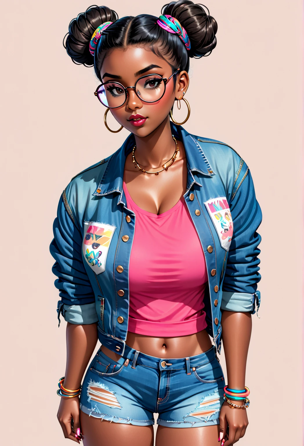 Digital illustration,  1girl,  black hair,  bracelet,  clothes writing,  dark skin,  big breasts, dark-skinned female,  denim jacket,  denim shorts,  double bun,  earrings,  glasses,  hair bun,  hair ornament,  hair stick,  hairpin,  hoop earrings,  jacket,  jacket on shoulders,  jewelry,  lips, thick thighs, wide hips, nose,  print shirt,  realistic,  ring,  shirt,  short shorts,  shorts,  sitting, solo,  sunglasses,  wristwatch, white background