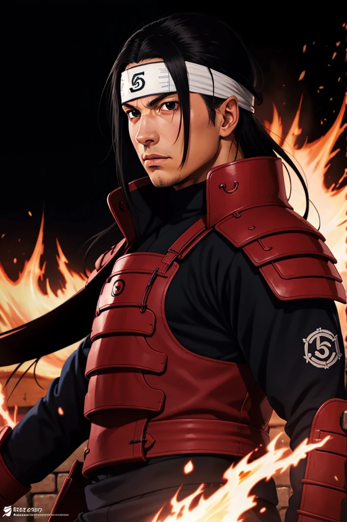 masterpiece, top quality, very detailed, upper body shot, 1 person, male focus, hashirama senju, wearing red armor, long black hair, realistic konoha logo headband, cool attitude, dynamic lighting, bright colors, fire fighting arena background, he poses looking at the camera with a sharp gaze, realistic,