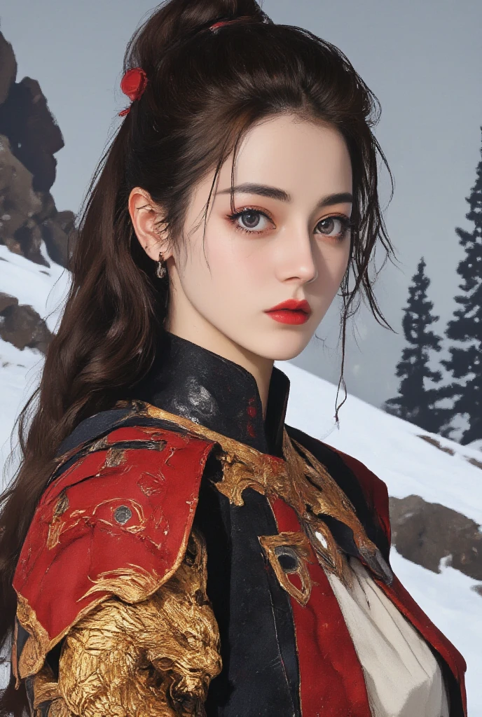 dilraba, breathtaking cinematic film still A realistic, high-definition image of a young 26yo beautiful Chinese girl with pale skin and long dark hair, blue mystical make up, striking white eyes with , pale lips. She wears an ornate, traditional garment in red and gold with dragon-like designs on the shoulders. Set against a blurred snowy landscape with dark rocks and trees creating a serene mystical atmosphere. The style focuses on realistic textures, intricate details, and ethereal beauty, evoking a contemplative, mystical mood. highly detailed background, shallow depth of field, vignette, highly detailed, high budget, bokeh, cinemascope, moody, epic, gorgeous, film grain, grainy . award-winning, professional, highly detailed