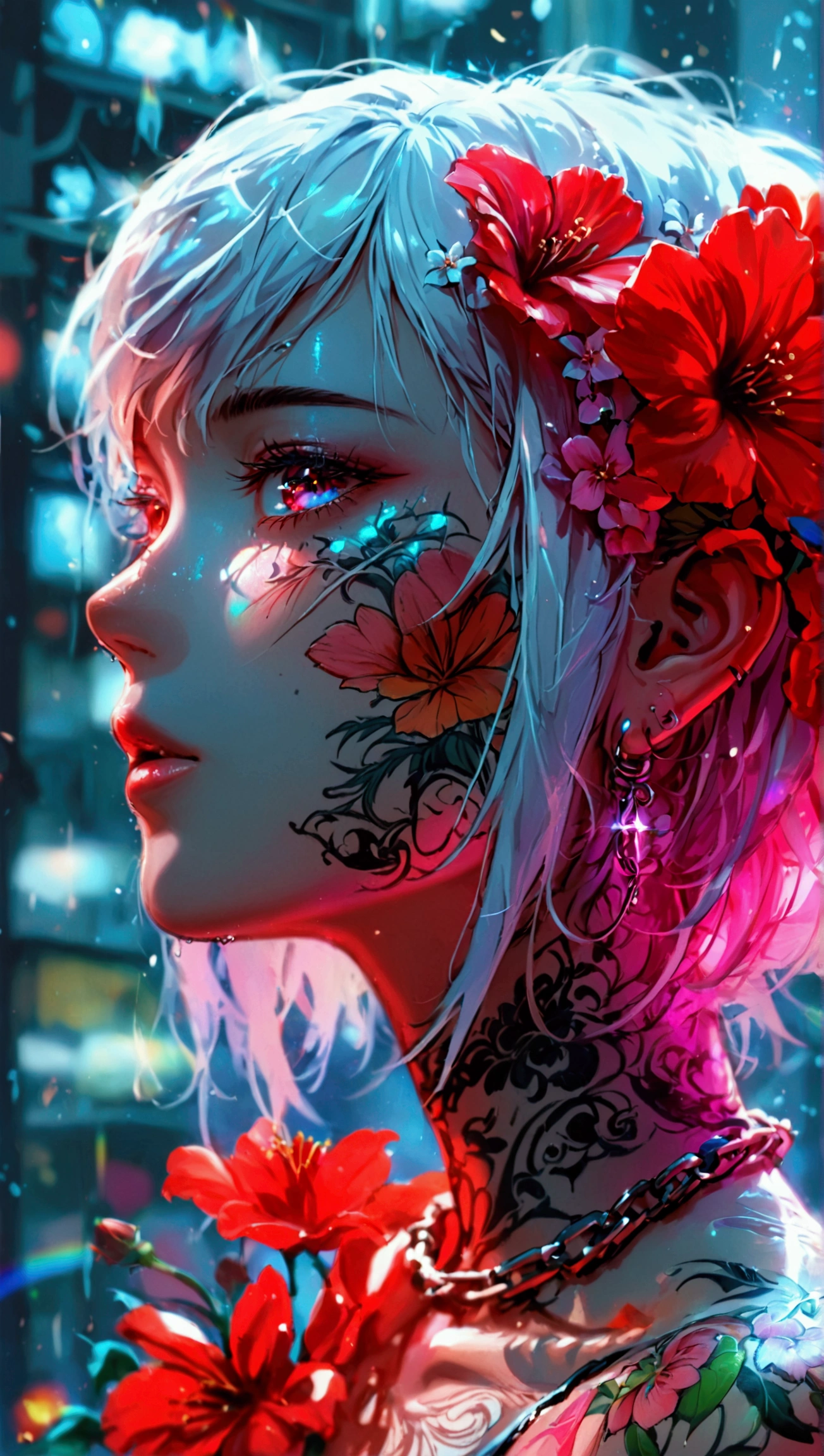  anime screenshot, .  An artistic drawing of a female anime character decorated with shiny neon flowers and chain tattoos on her face and body.   The tattoo on her arm mixes with white and red  ,   rainbows and white light  , .  The neon light version  . She has loose hair  ,   This scene has a wonderful soft-focus effect . ,   highlight the magical glow of the tattoo  .   The background is a dark building  .