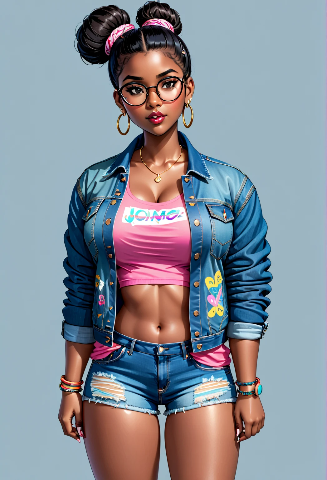 Digital illustration,  1girl,  black hair,  bracelet,  clothes writing,  dark skin,  big breasts, dark-skinned female,  denim jacket,  denim shorts,  double bun,  earrings,  glasses,  hair bun,  hoop earrings,  jacket,  jacket on shoulders,  jewelry,  lips, thick thighs, wide hips, nose,  print shirt,  realistic,  ring,  shirt,  short shorts,  shorts,  sitting, solo,  sunglasses,  wristwatch, white background