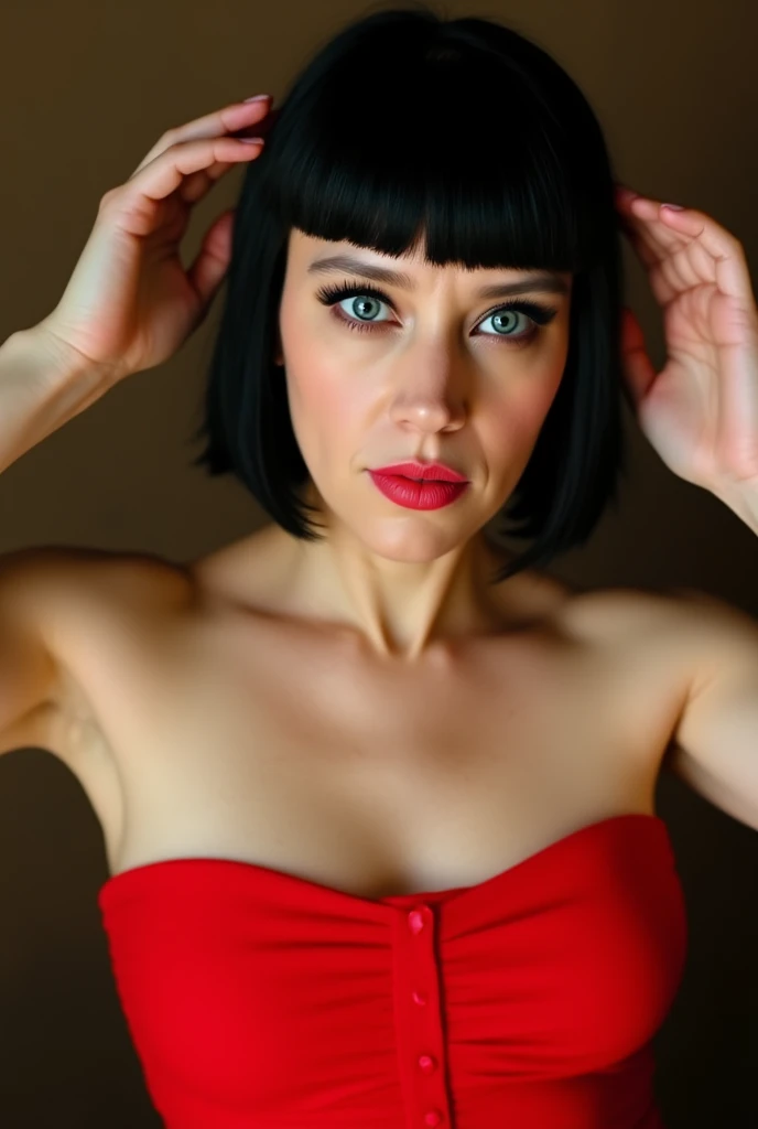 katemckinnon, photo, seductive, standing frontally, red strapless dress, black bob cut haircut with bangs, fixing hair, detailed face